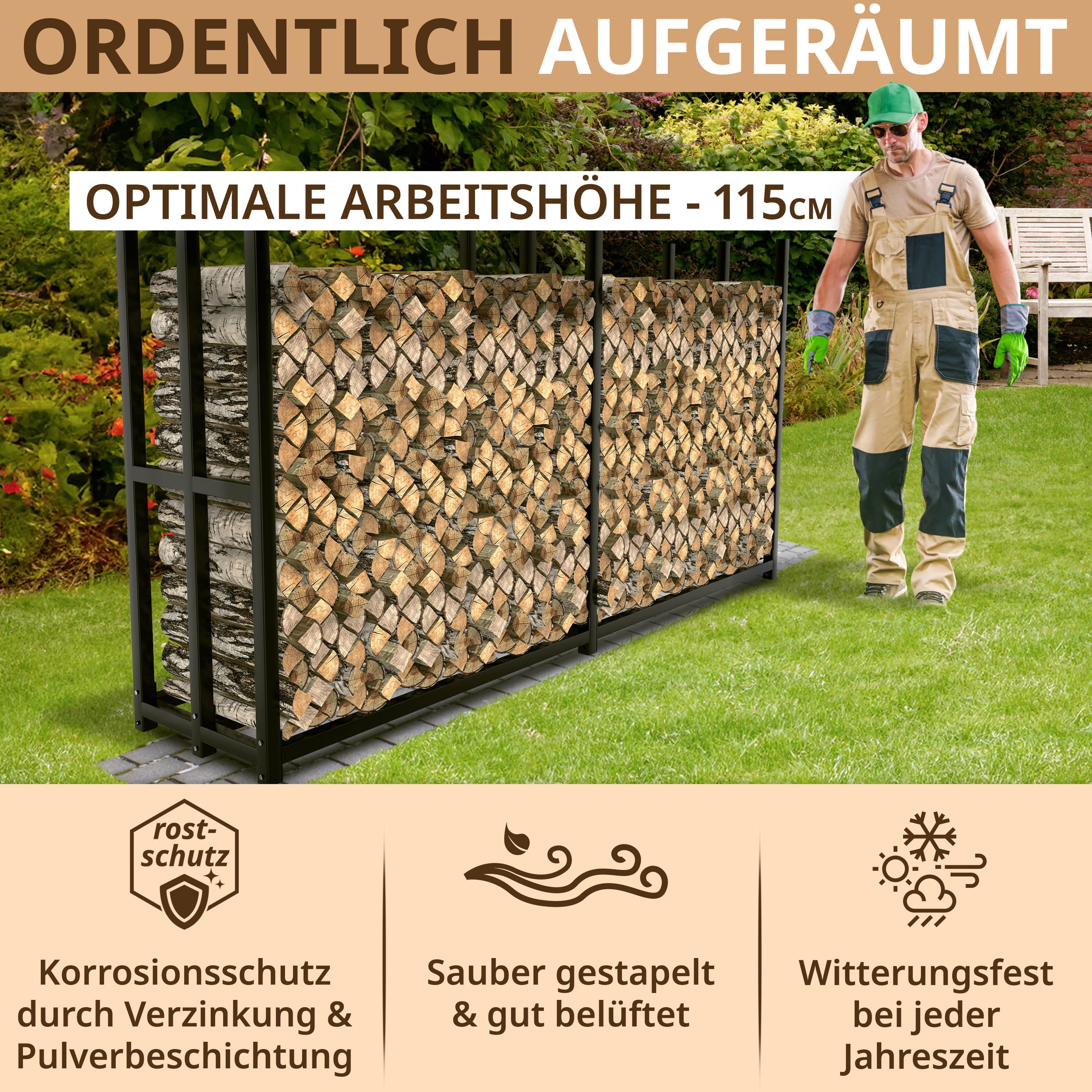 LAWA Living and Lifestyle Kaminholzregal außen Metall verzinkt Stapelhilfe Brennholz 50cm = 2x 25cm Holzscheite, BxTxH:223.00x50.00x115.00 cm, verzinkt, wetterfest