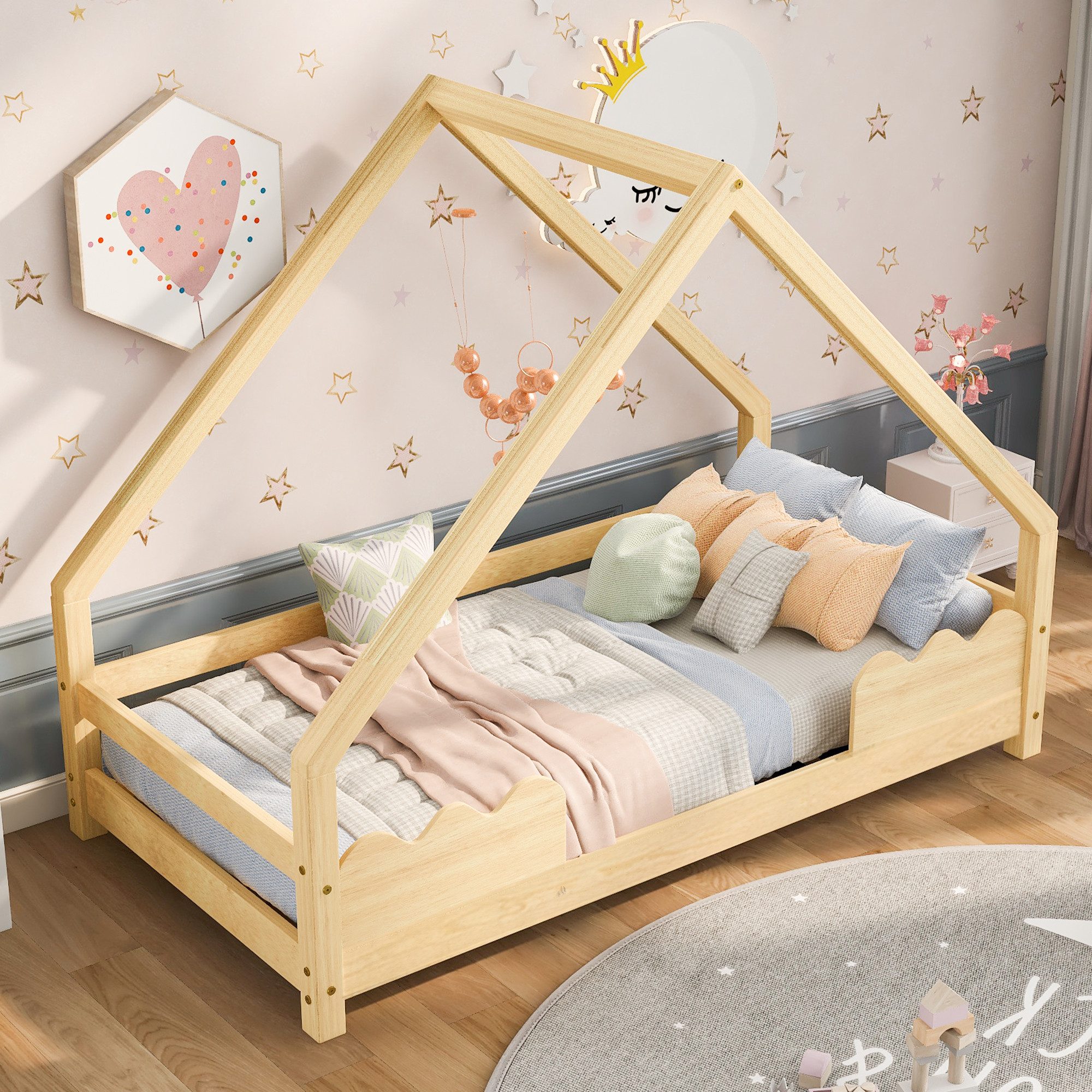 REDOM Kinderbett Jugendbett Hausbett Holzbett Einzelbett (90x200cm ohne Matratze), mit Rausfallschutz Spielbett Wellenförmiger Zaun