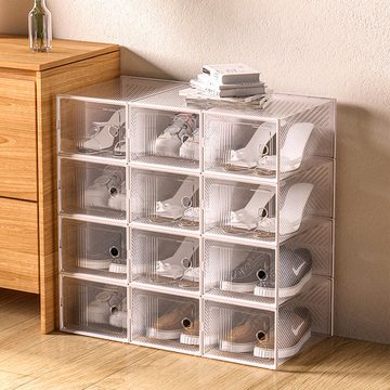 CALIYO Schuhregal Schuhboxen, 18er Set Schuhkartons durchsichtig, faltbar und stapelbar, für Turnschuhe, Stöckelschuhe und Hausschuhe, bis Größe 45