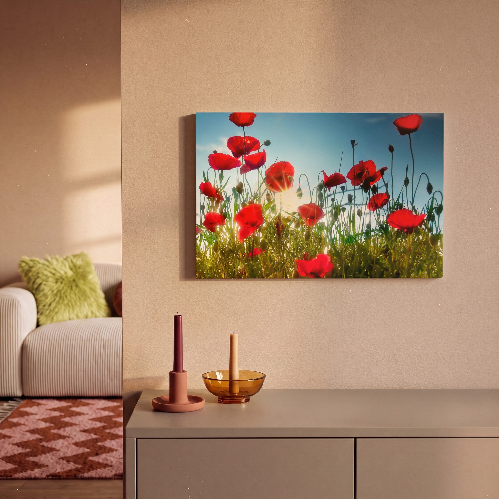 OneMillionCanvasses® Leinwandbild Mohnblumen - Toskana - Sonne - Rot - Blau, Fotodruck (1 St), Leinwand Canvas Wandbild, Wanddekoration 20x30 cm – Bild 2 von 5