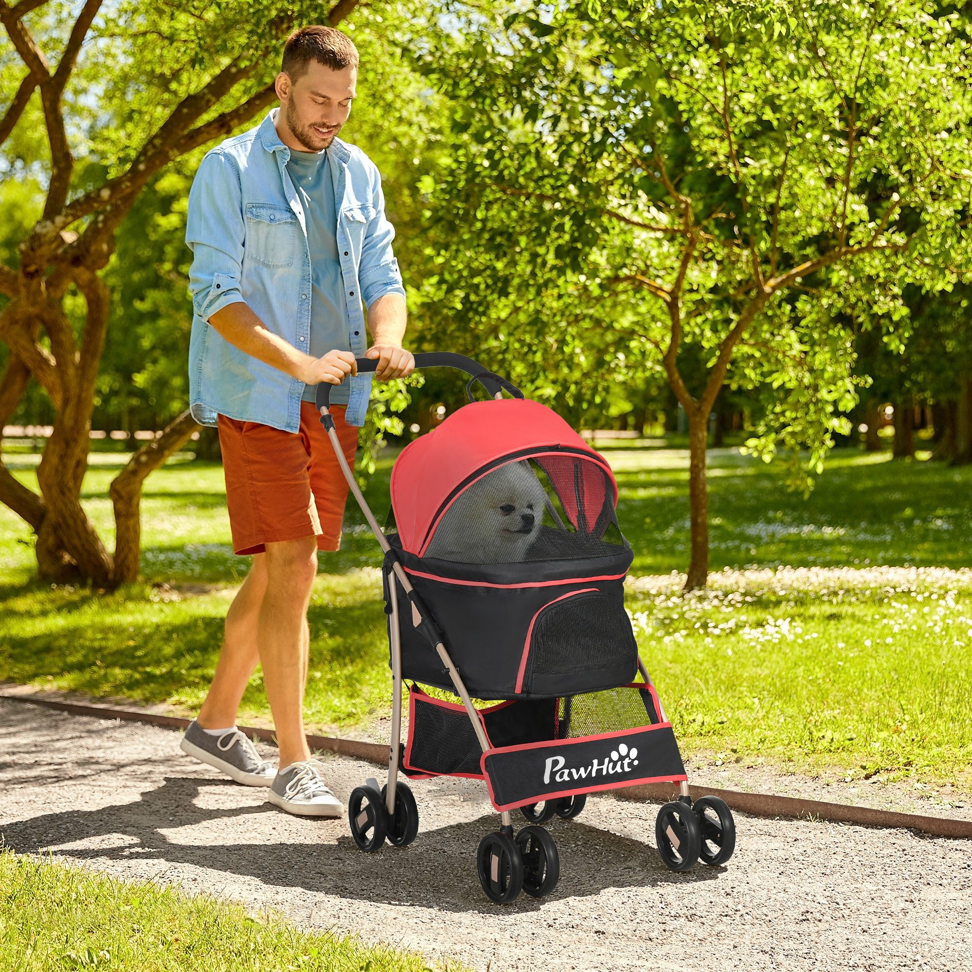 PawHut Hundebuggy 2 in 1 Faltbar bis 10kg Haustierbuggy, (Hundewagen, 1-tlg), für kleine Hunde, Katzen, Oxfordstoff, Rot