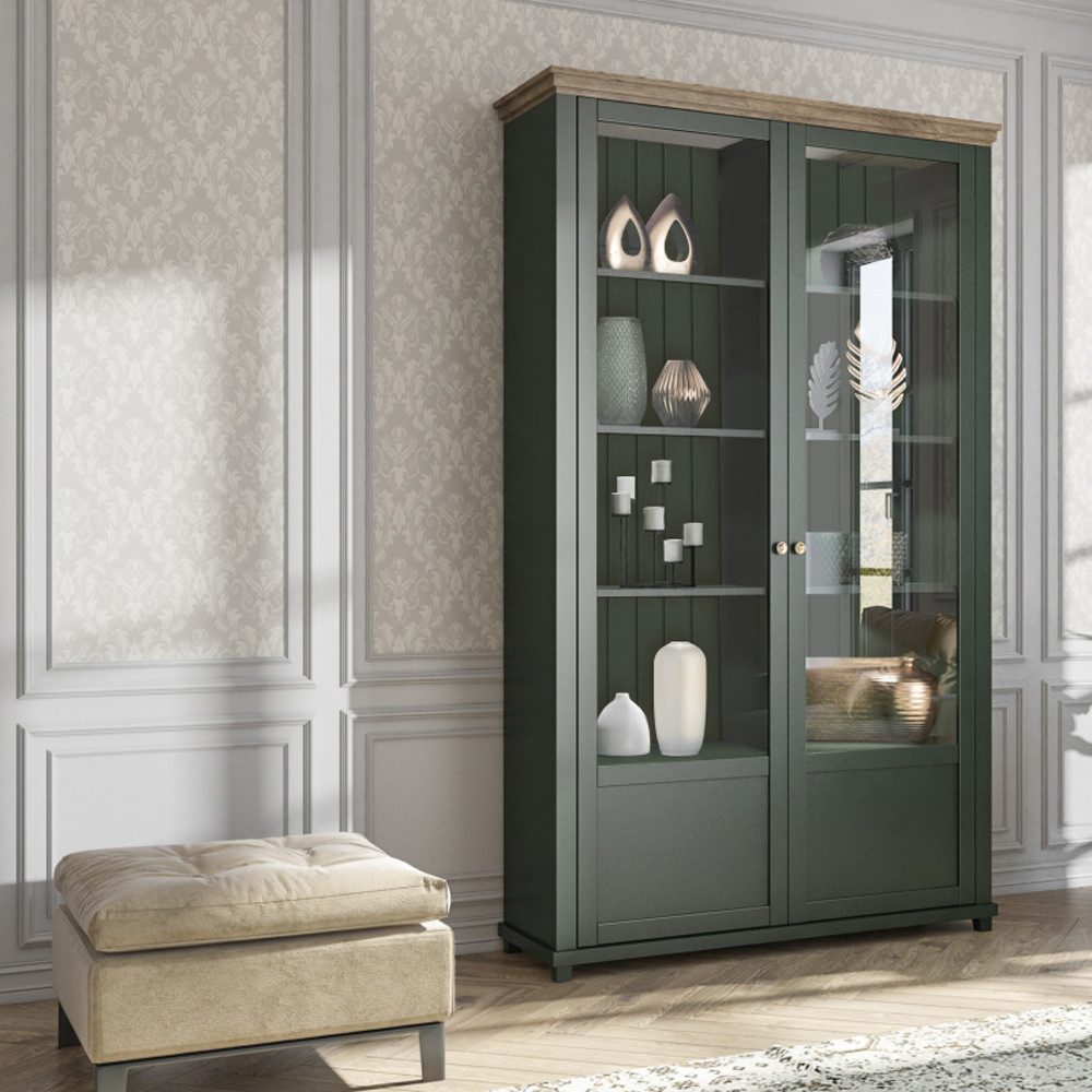 Lomadox Vitrine EPSOM-83 grün Landhaus mit Lefkas Eiche Nb. Knopfgriffe Messing 126/200/42 cm – Bild 4 von 5