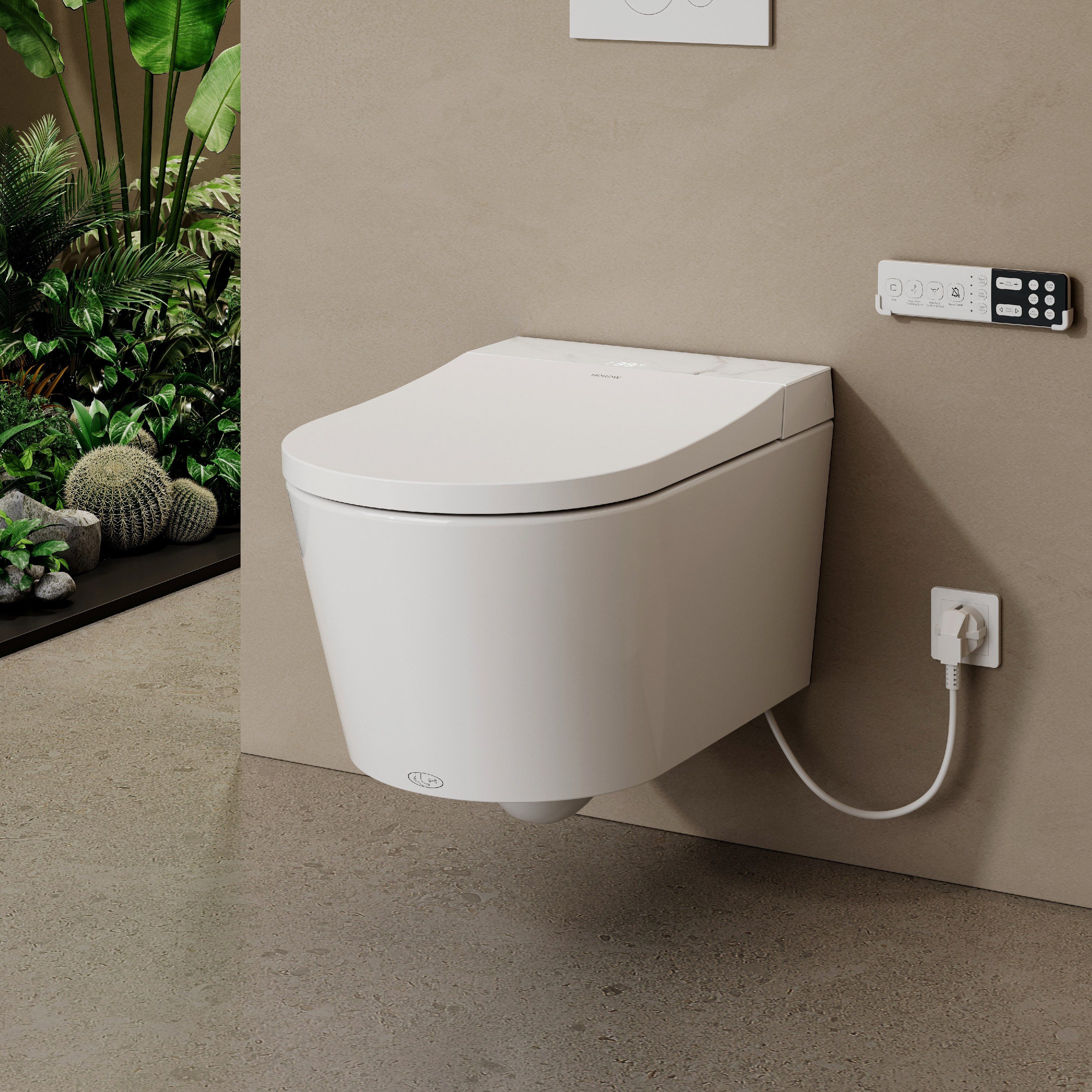HOROW Dusch-WC Intelligentes Hänge WC mit Bidet Funktion und Sitzheizung Pro, Wandmontage, Abgang waagerecht, Japanische spülrandlos WC mit Warmwasser, Beheizter Sitz, Instellbarem Wasserdruck, Warme Lufttrocknung, Damenpflege