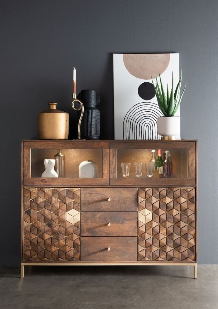 Main Möbel Highboard 146x115cm "Assuan" Mango & Metall goldfarbig