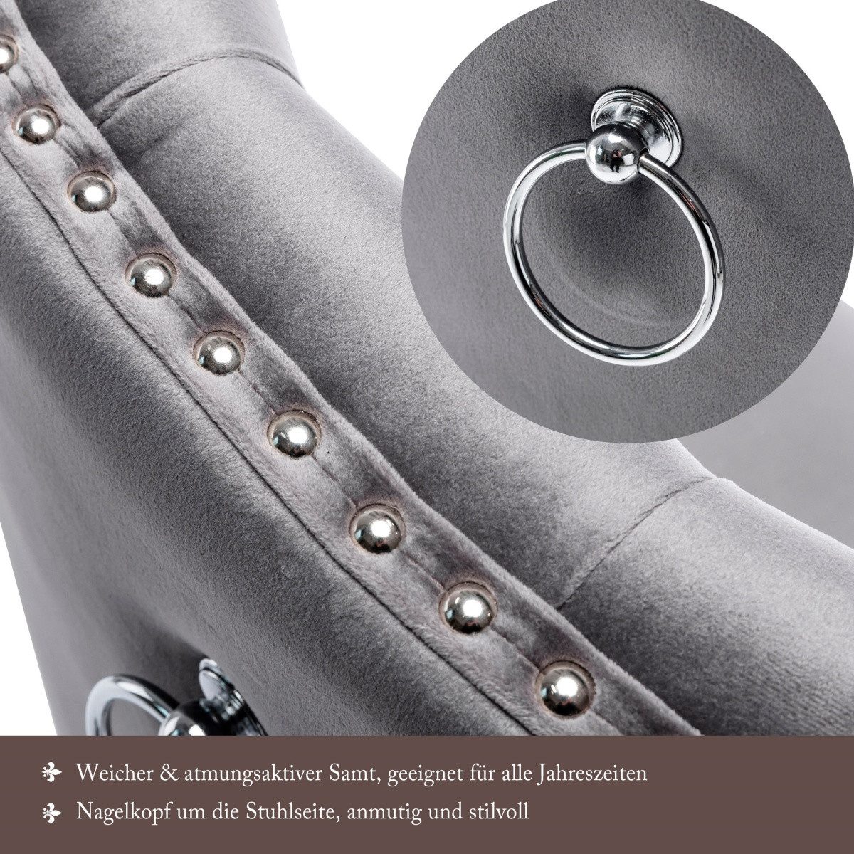 IDEASY Esszimmerstuhl Samt Esszimmerstuhl Set (2/4/6 Stück) Stühle Esszimmer, Polsterstühle (2 St), Holzfüße, Nagelverkleidungen, verchromter Türring, 150kg Tragfähigkeit