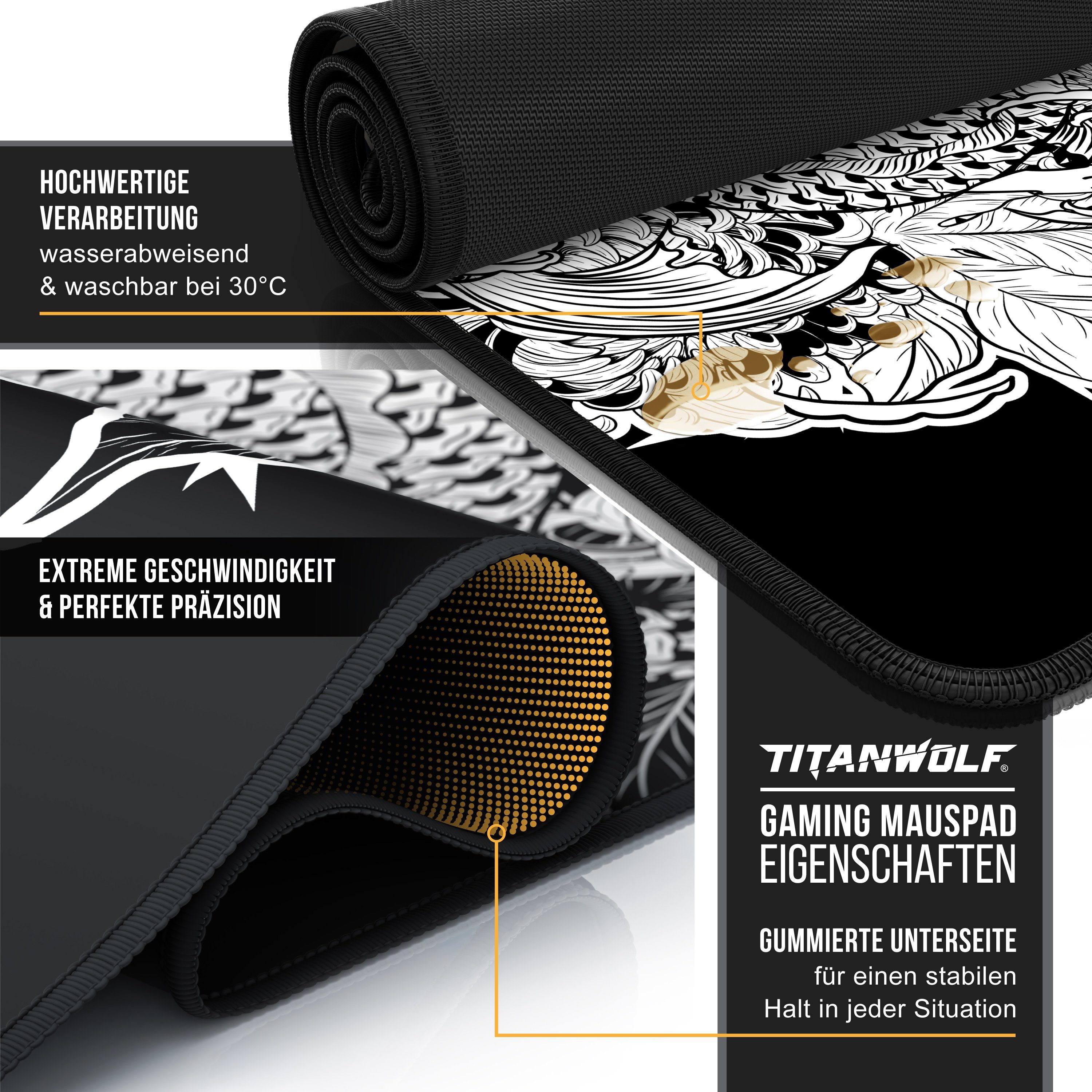 Titanwolf Gaming Mauspad XXL Speed Mousepad 900 x 400 x 3 mm, große Tischunterlage (1-St), rutschfest, abwaschbar, Geschwindigkeit & Präzision, Koi Tattoo 3 – Bild 3 von 5