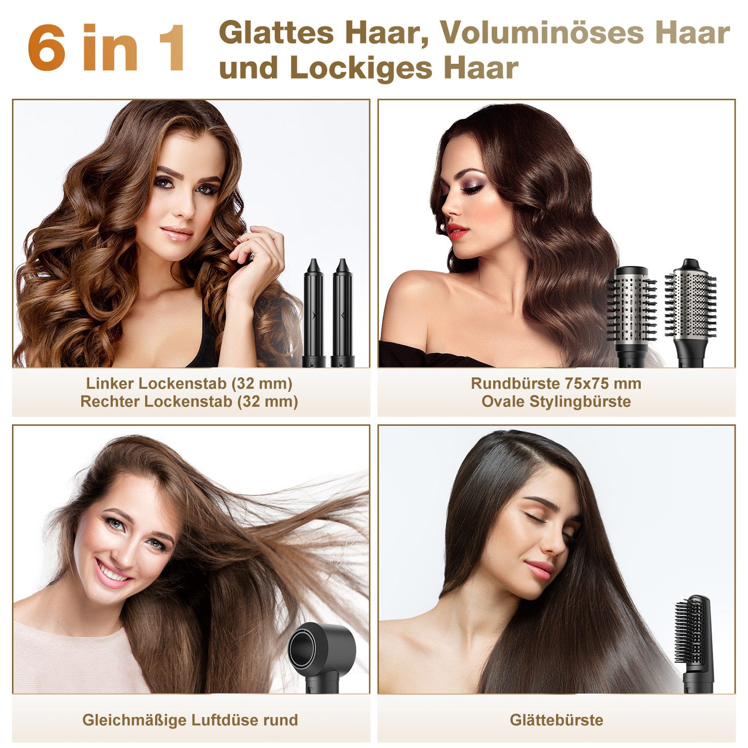 MCURO Haartrockner 6-in-1 Airstyler Warmluftbürste Set,Luftstyler & Haartrockner, 1200,00 W, Steuerung von Kalt- und Warmluft, Stylingbürsten mit Auto-Wrap-Lockenaufsatz,Keine Hitzeschäden