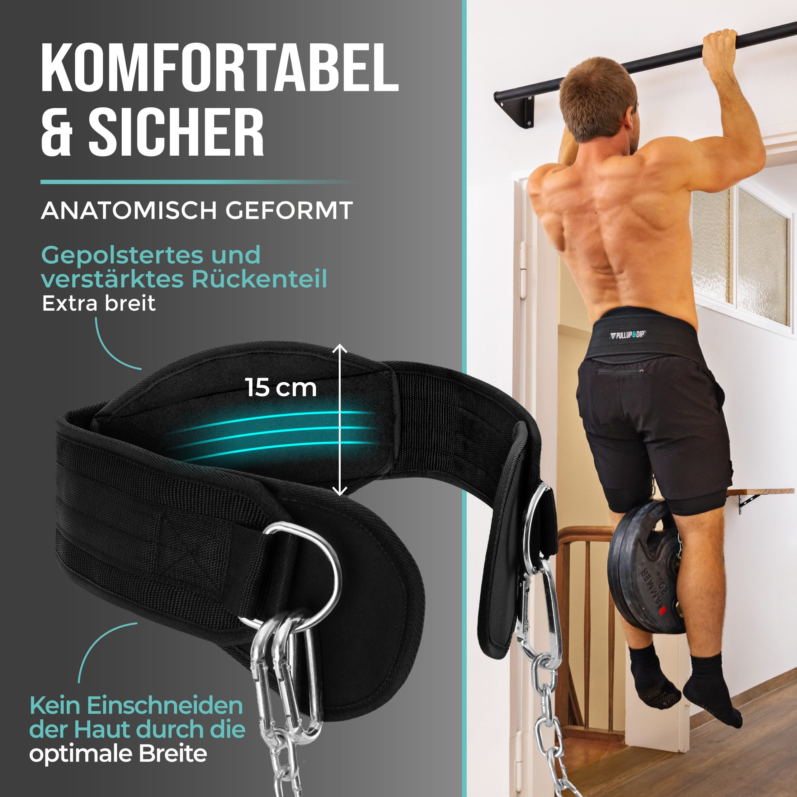 Pullup & Dip Dip-Gürtel Dip Gürtel mit Kette, 3 Karabinern und einzigartigen Klappen