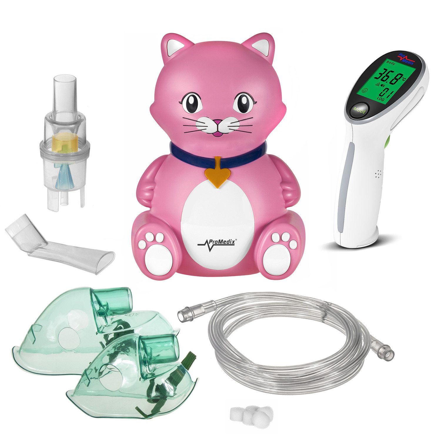 Promedix Inhalationsgerät PR-816+PR-960 Katze Kinderinhalator + Infrarot-Thermometer Set, Set Vernebler, Masken, Filter
