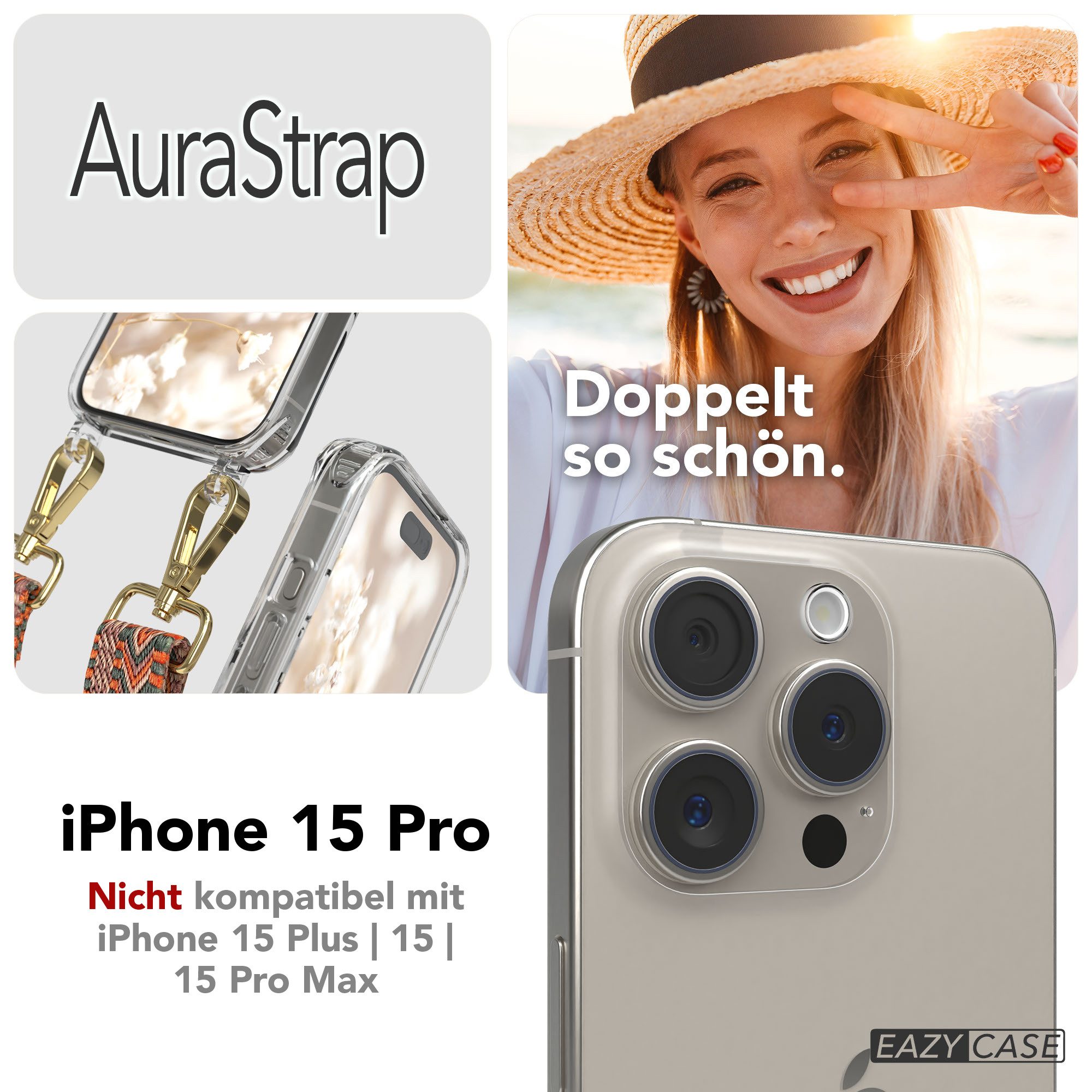 EAZY CASE Handykette Umhängeband MagSafe Hülle für Apple iPhone 15 Pro 6,1 Zoll, schmaler Gürtel Kordel transparenter Silikonhülle Umhängetasche Orange