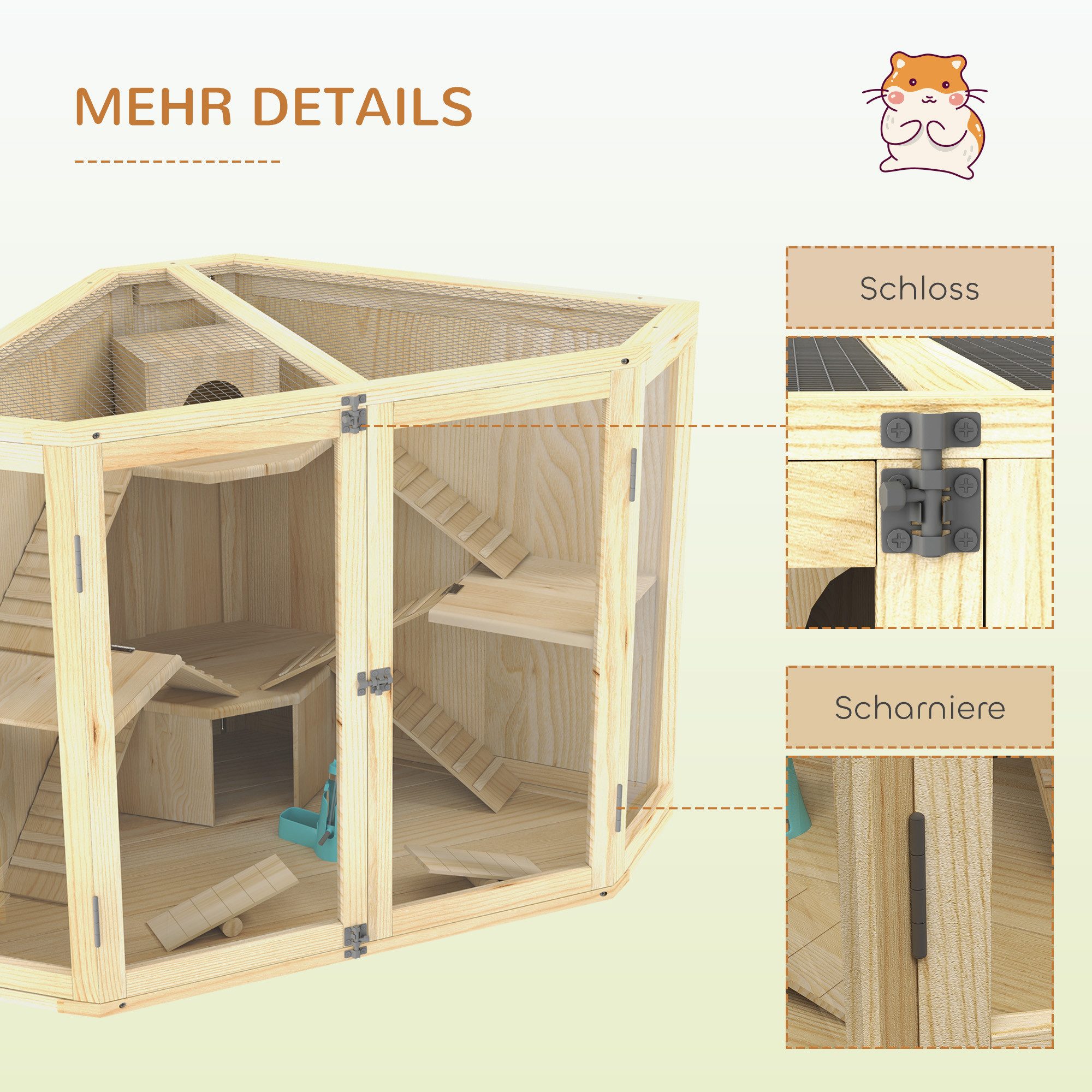 PawHut Kleintierkäfig 4-Ebenen-Design, mit Fütterungsstation, Wippe, Rampe, Hütten, 115 x 69,5 x 79 cm, Holz