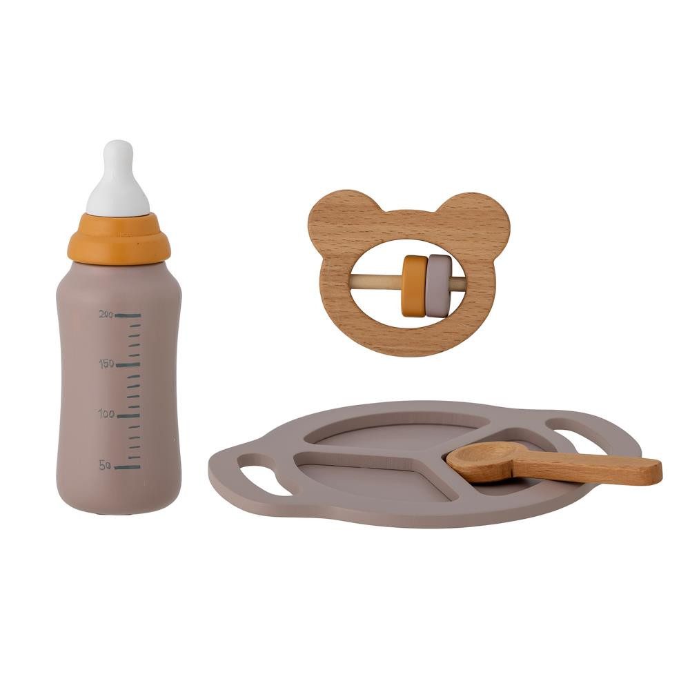 Bloomingville Puppen Accessoires-Set MINI Riina Spielset Baby für Puppen & Rollenspiel, 4‑teilig, Puppenzubehör, Babyspielset, Holzspielzeug, Holzrassel, Geschenkbox