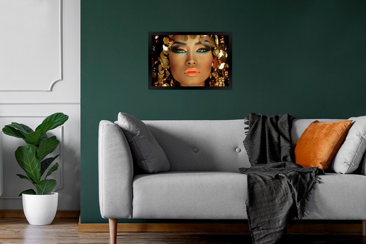 Schwarzem Wanddeko, St), - Wandposter, Frau MuchoWow Bilder, (1 - Poster, Bilderrahmen - Gerahmtes Poster Luxus, Gold Make-up - - Schmuck Kleopatra