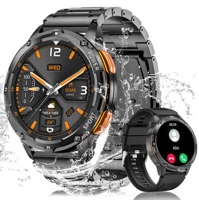 Sanorum Smartwatch Herren mit Telefonfunktion AMOLED Militär Smartwatch (3.63 cm/1.43 Zoll, HD TouchScreen) mit Herzfrequenz Schlafüberwachung SpO2, 100+ Sportmodi, 5ATM Wasserdicht, Fitnessuhr Smart Watch für Android iOS