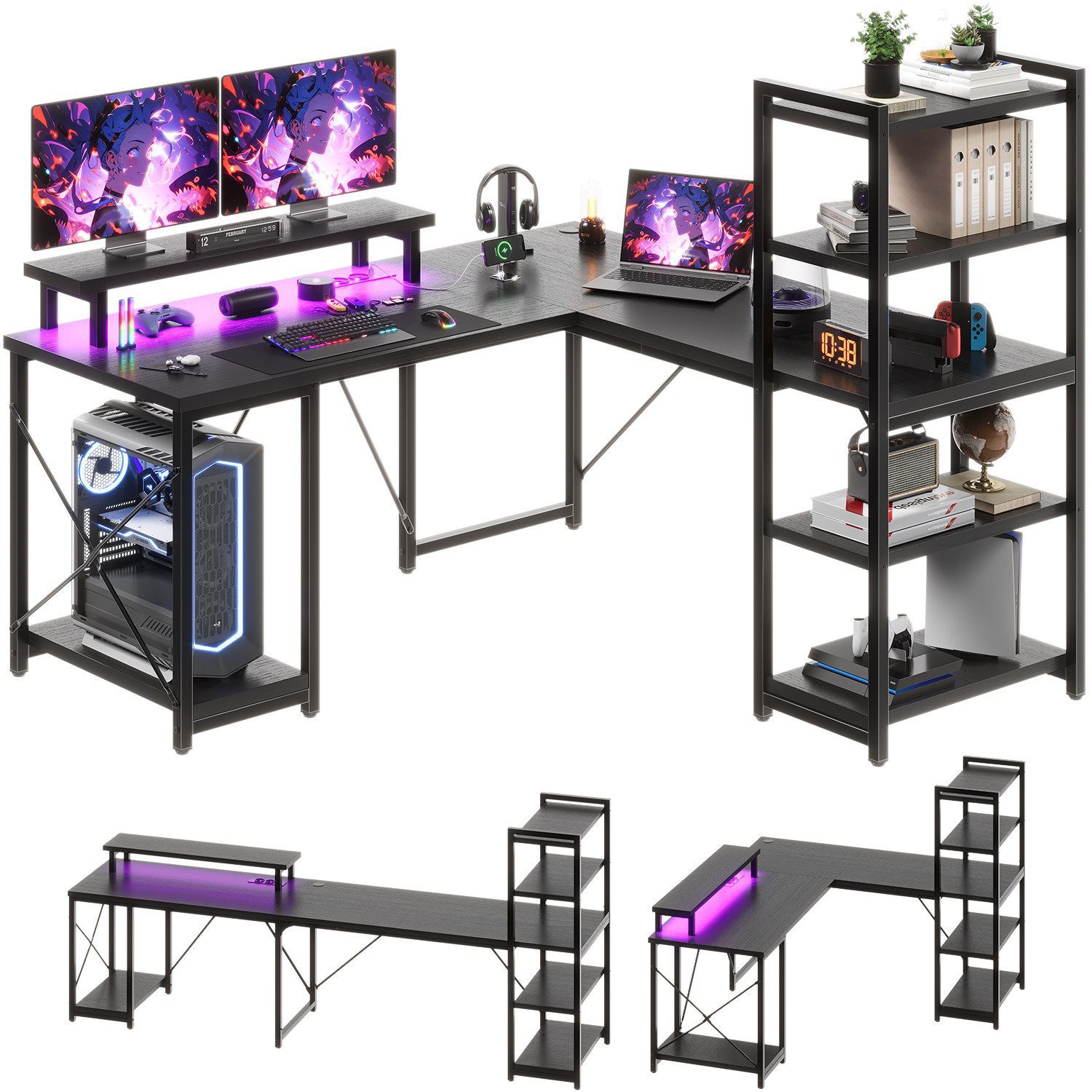 HOMALL Gamingtisch Schreibtisch mit LED und USB L-förmiger Ecktisch 140/160cm (Mit großem Ablagefach, USB-Ladeanschluss und Steckdose)
