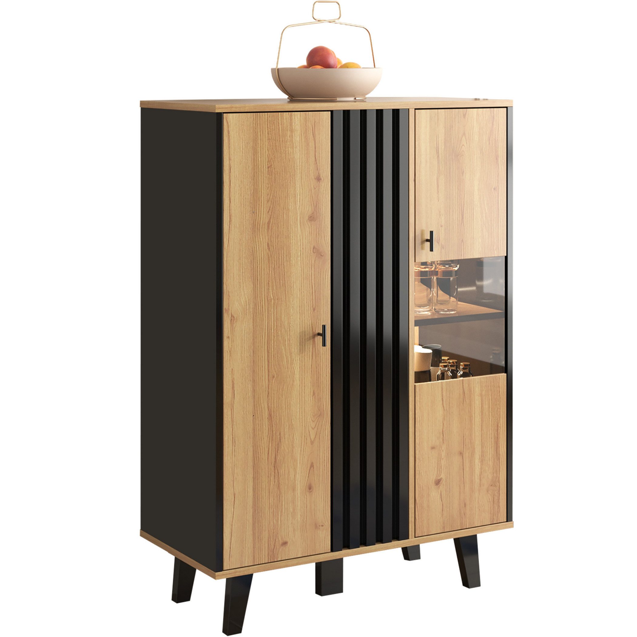 SeedWave Vitrine Stilvoller LED Vitrinenschrank Mehrzweck-Glasvitrine mit Staufächern Verstellbare Lichtfarbe