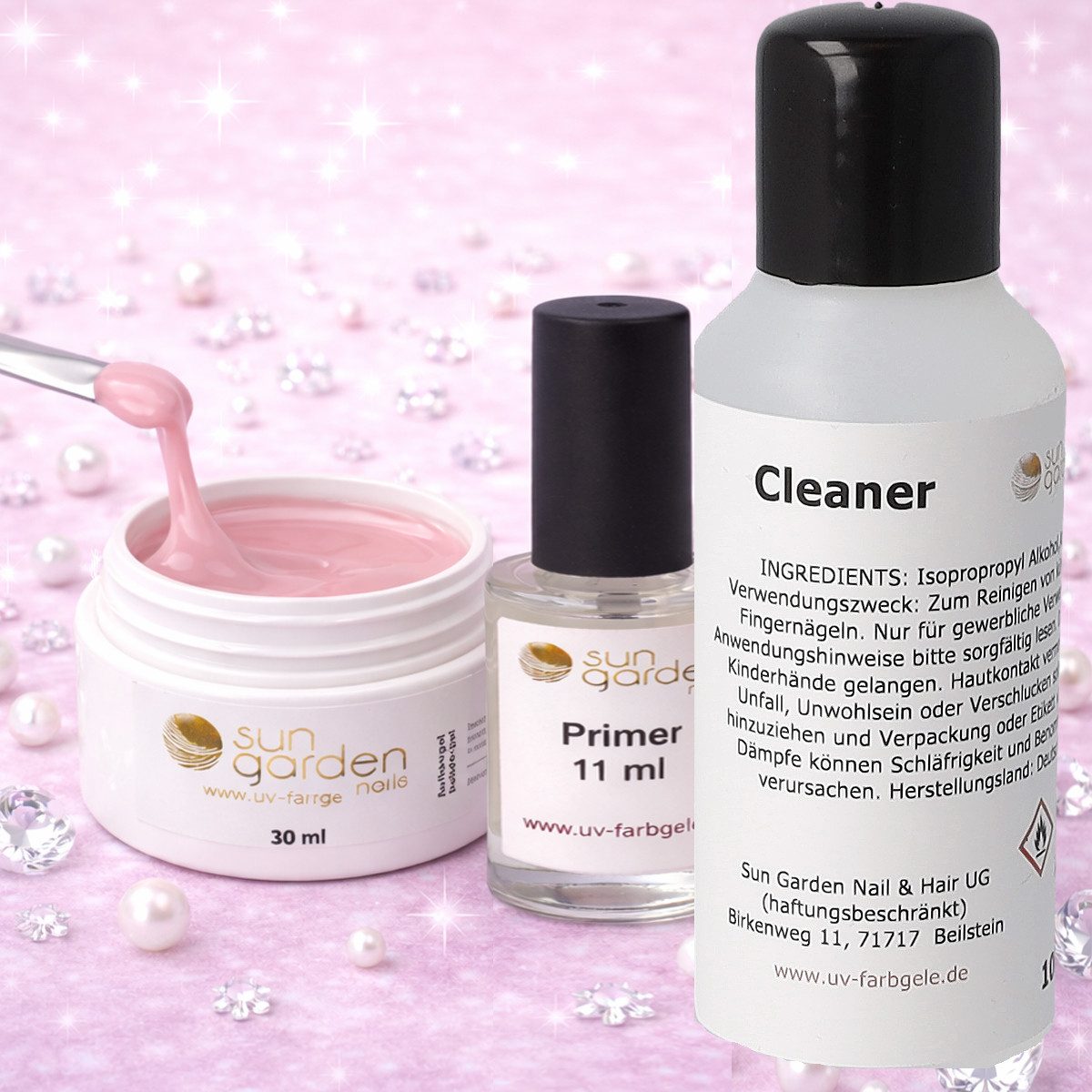 Sun Garden Nails UV-Gel Nailset mit Aufbaugel Natural Nude 30ml-Primer-Cleaner 100ml, 3-tlg., natürlich nude farbiges Gel deckt perfekt alle Unebenheiten ab