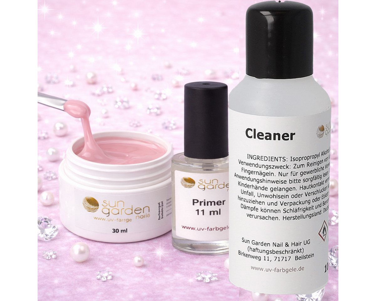 Sun Garden Nails UV-Gel Nailset mit Aufbaugel Natural Nude 30ml-Primer-Cleaner 100ml, 3-tlg., natürlich nude farbiges Gel deckt perfekt alle Unebenheiten ab