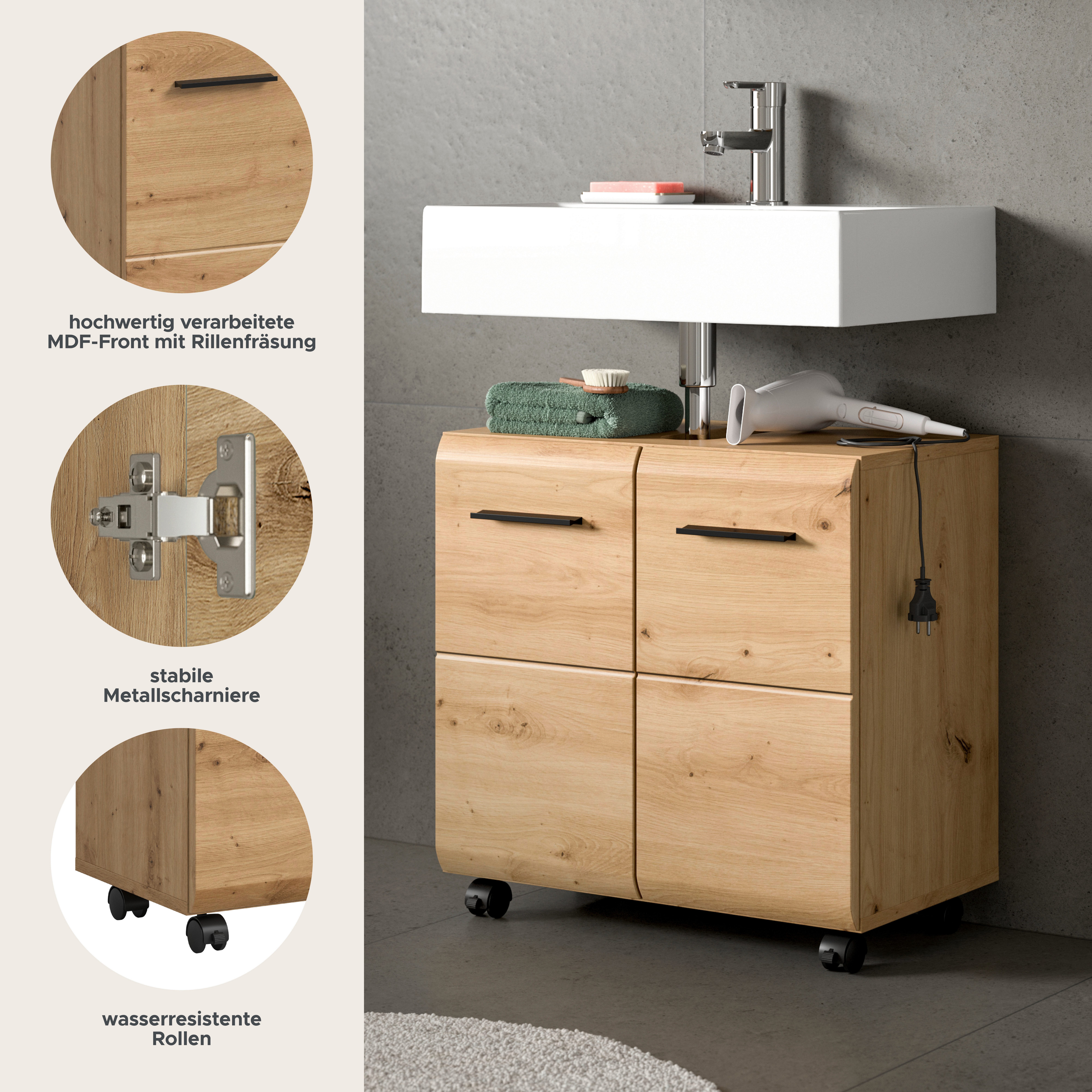 welltime Waschbeckenunterschrank FLORENZ, Breite 60cm, inkl. Siphonausschnitt, mit Türen oder Schüben (TOPSELLER) hochwertige MDF Front, Griff schwarz, Badschrank, Bad