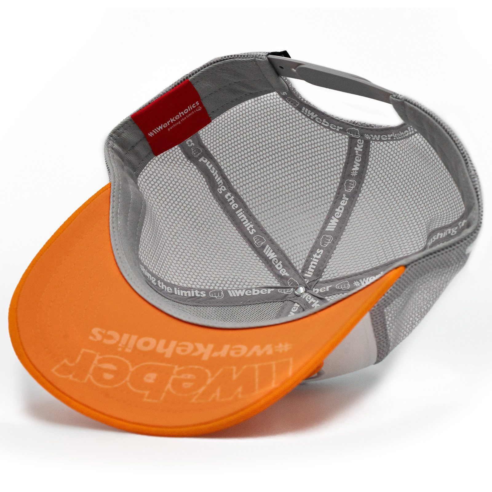 Weber GmbH Trucker Cap Weber #Werkeholics Mesh Baseball Cap orange/weiß/grau (1-St) basecap, mit Logostick und bedrucktem Unterschirm