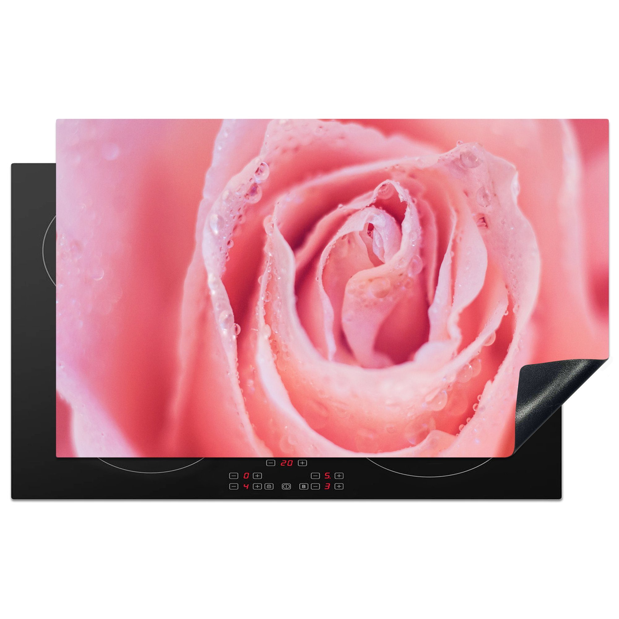 Arbeitsplatte rosa küche Rosenblättern, (1 Vinyl, Herdblende-/Abdeckplatte MuchoWow 83x51 auf Ceranfeldabdeckung, Morgentau cm, tlg), für