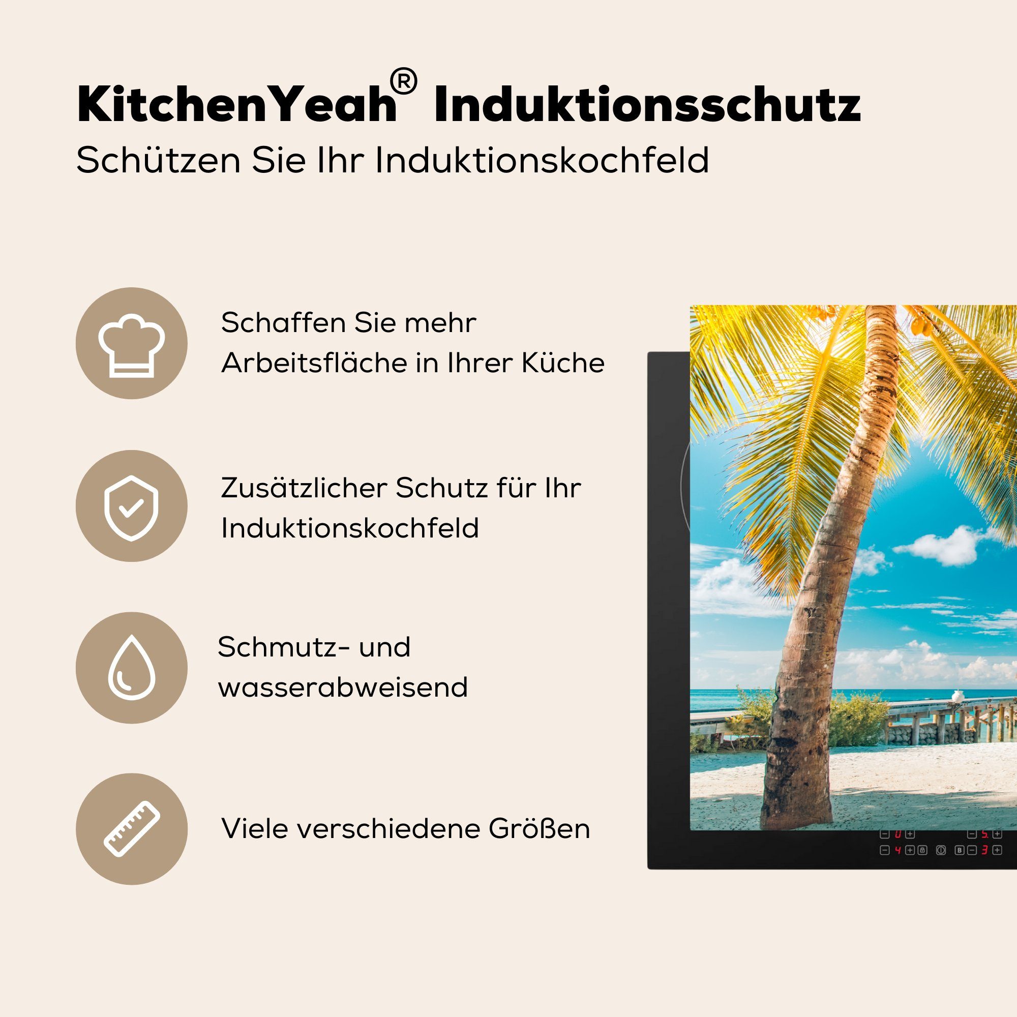 cm, Induktionskochfeld Strand die Schutz MuchoWow tlg), - 81x52 (1 Vinyl, Palme küche, Herdblende-/Abdeckplatte für - Ceranfeldabdeckung Meer,