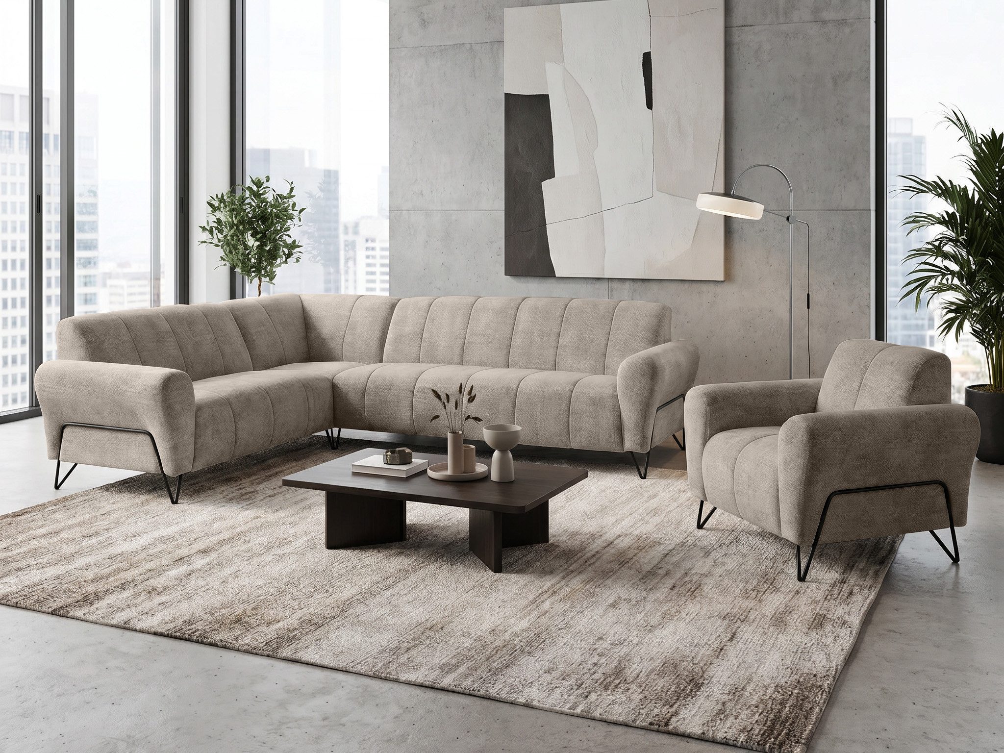 Beautysofa Polstergarnitur im modernen Stil auf hohen Metallbeinen VOLARE, (Sofagarnitur aus Chenille-Stoff, Beige Grau, Ecksofa L + Sessel Set moderne Couchgarnitur), HR-Schaum, Wellenfederung, freistehend