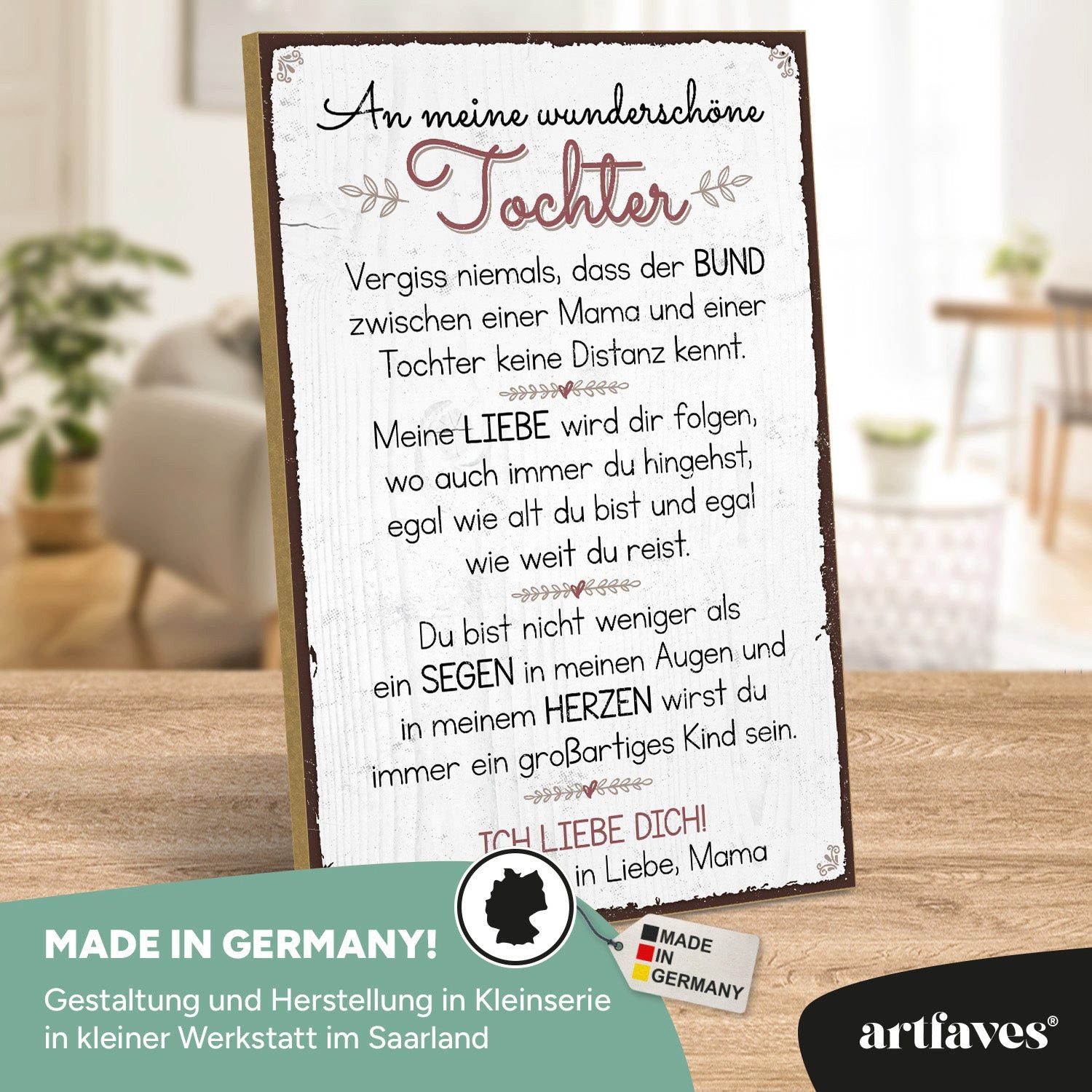 ARTFAVES Holzbild Schild mit Spruch - An meine wunderschöne Tochter - MAMA - Muttertag