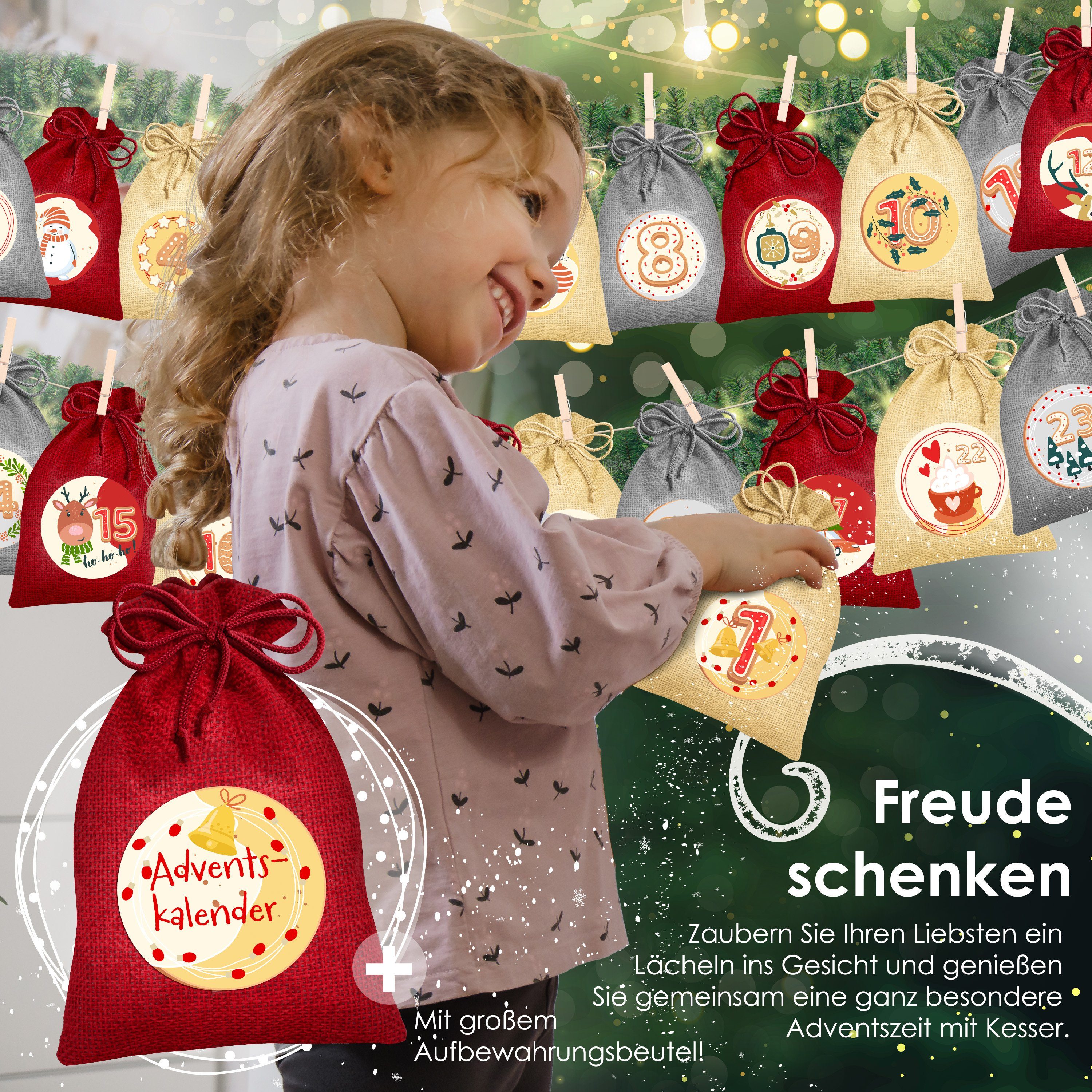 KESSER Adventskalender, Adventskalender zum Befüllen 24 Jutebeutel Stoffbezug gedruckt