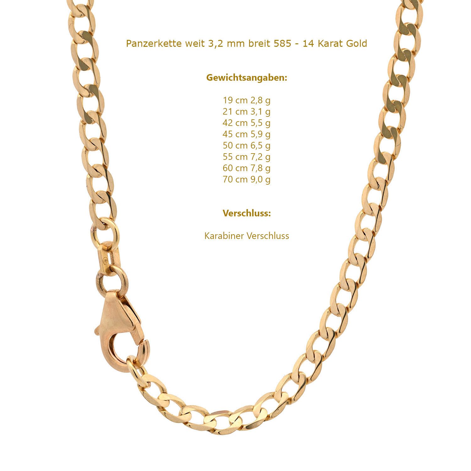 HOPLO Panzerkette Goldkette Panzerkette Armkette 3,2mm weit 19cm 585-14 Karat Gold, Made in Germany – Bild 5 von 5