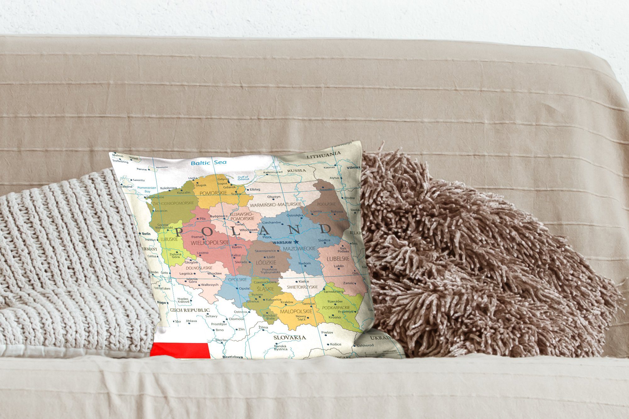 MuchoWow Dekokissen Bunte Karte von mit Polen, Füllung für Wohzimmer, Sofakissen Schlafzimmer, Deko, Zierkissen