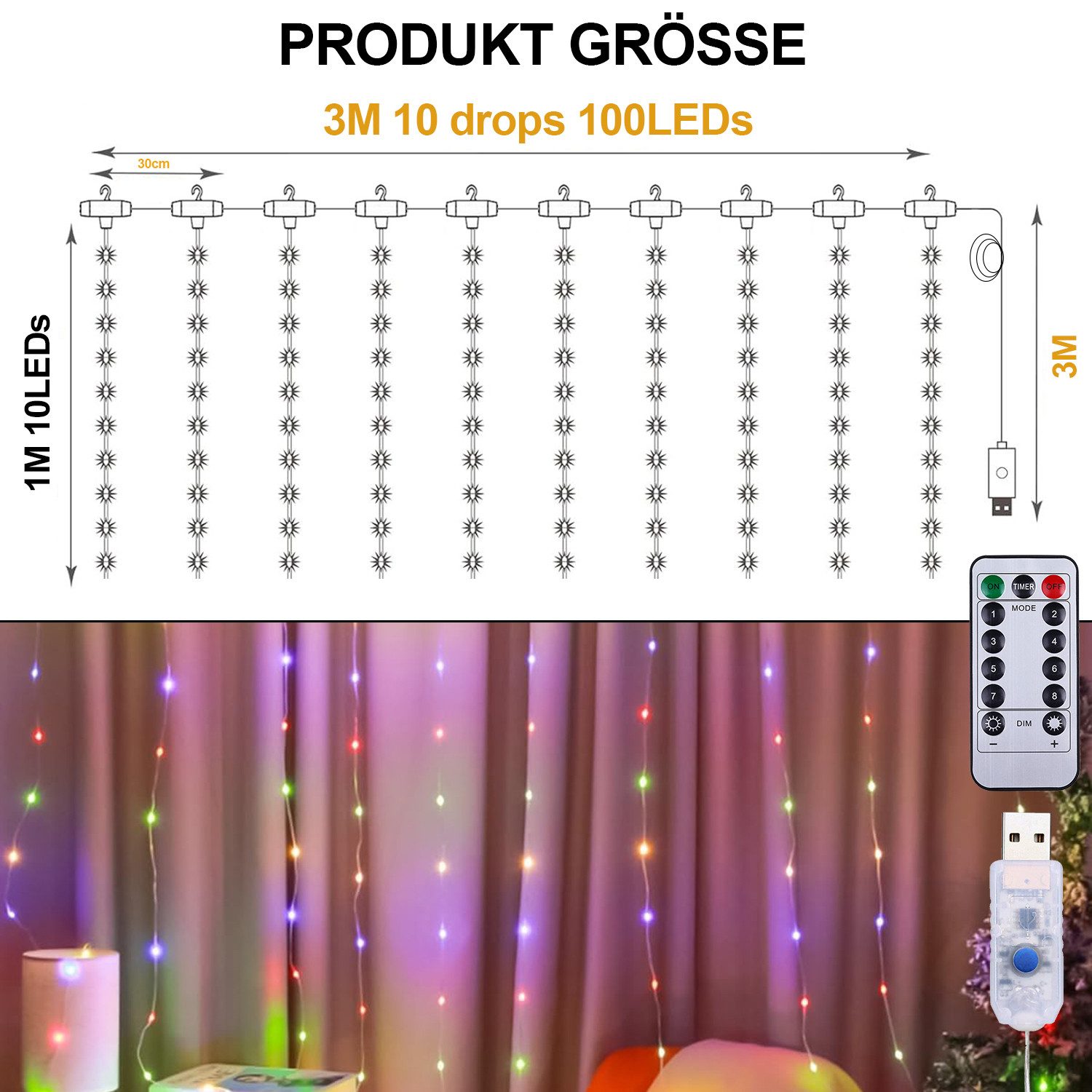 Sunicol LED-Lichtervorhang Wasserdicht 3M Wasserfall Lichterkette günstig online kaufen