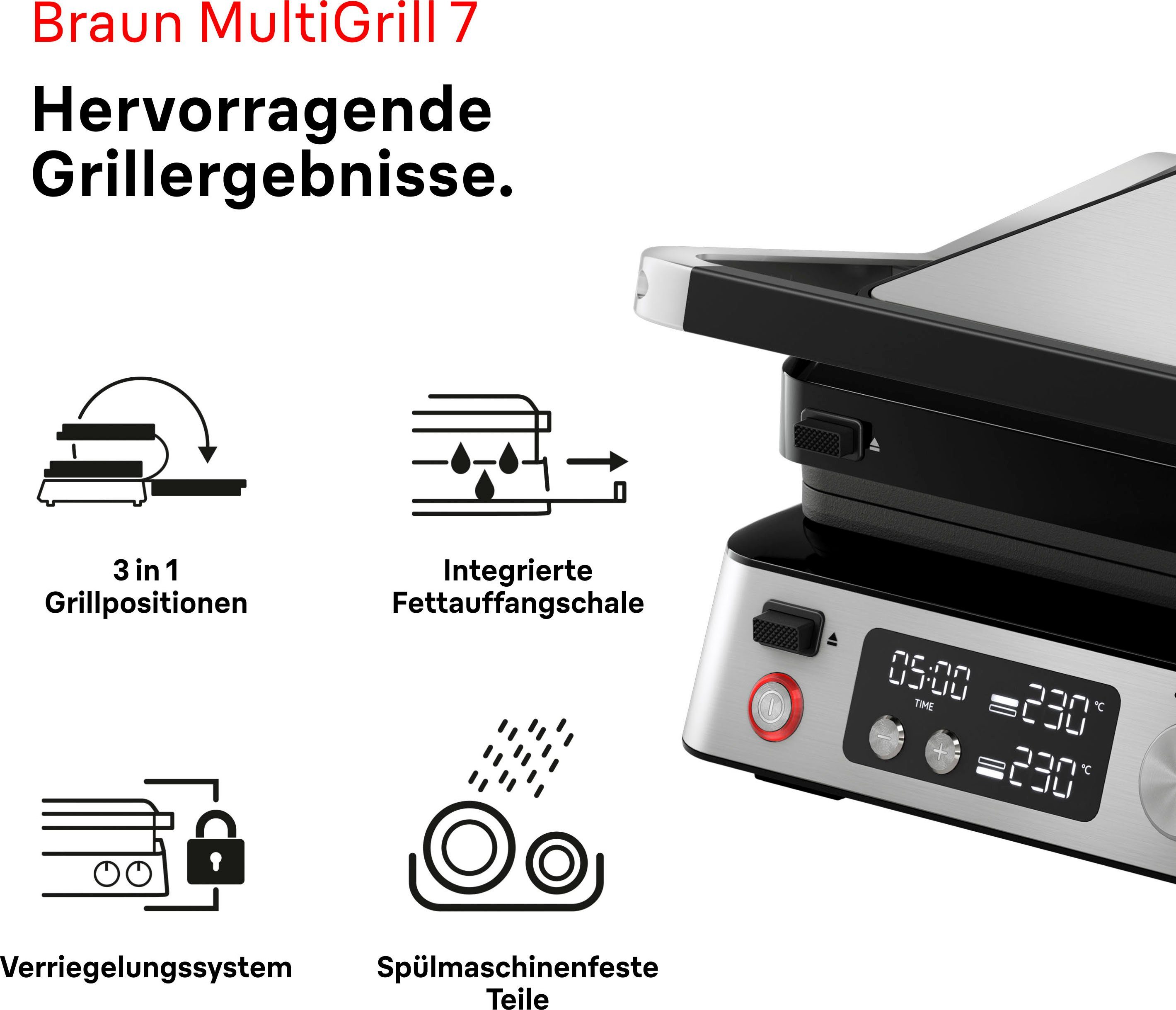 Braun Kontaktgrill MultiGrill 7 CG 7040 - 3 Kochpositionen, bis 230°C, 12 Burger Patties, 2000 W, Spülmaschinenfeste Platten + individuell temperierbar
