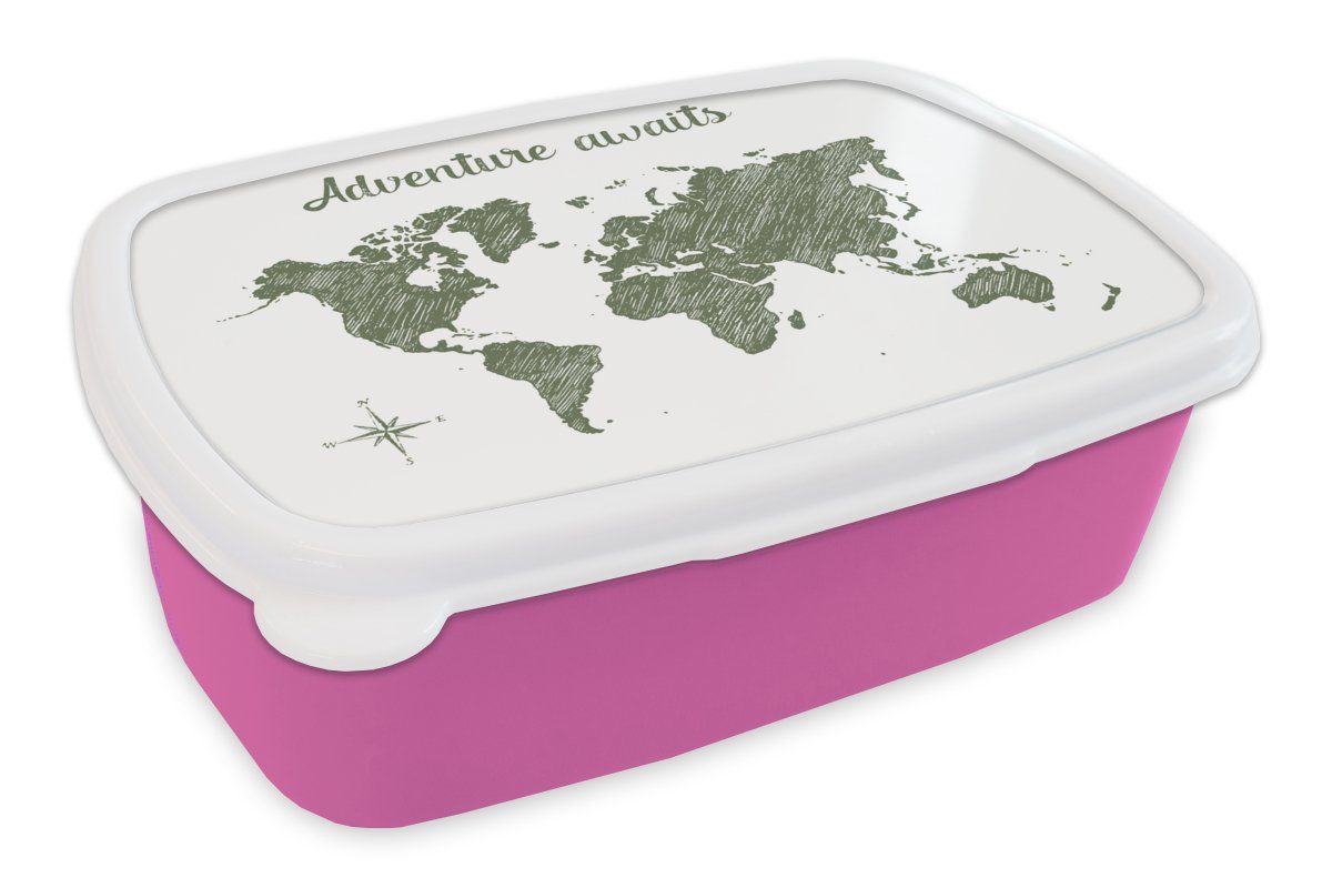 MuchoWow Lunchbox Weltkarte - Grün - Zitat, Kunststoff, (2-tlg), Brotbox für Erwachsene, Brotdose Kinder, Snackbox, Mädchen, Kunststoff rosa
