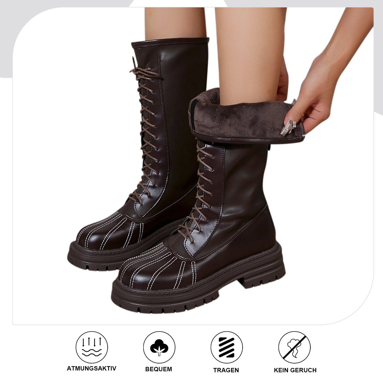 Daisred Winterstiefel Damen Gefüttert Schneestiefel Kaffee Schnürstiefel Stiefelette