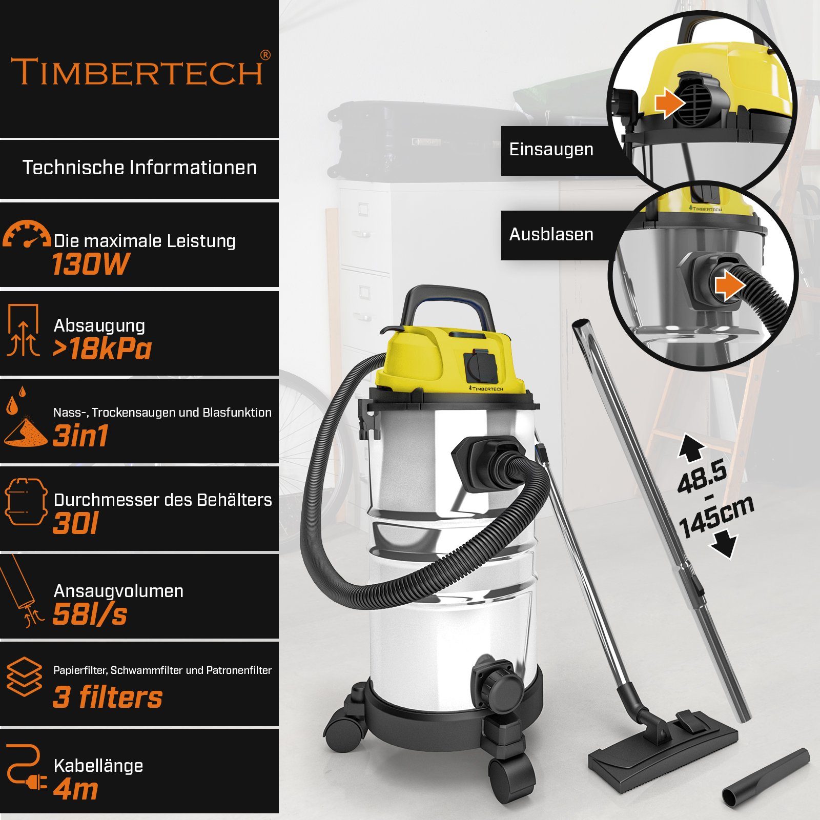 TIMBERTECH Industriesauger Industriestaubsauger -2300 W Leistung, mit Filter Blasfunktion, Gelb 30L, 3