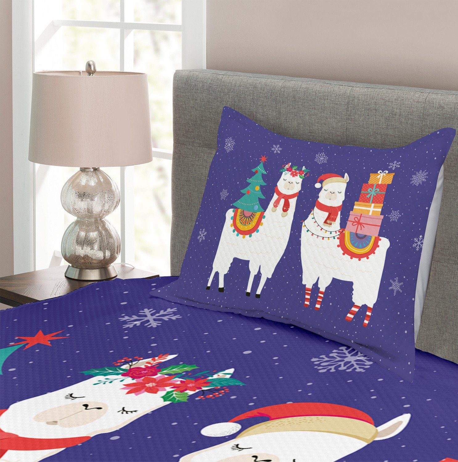 Tagesdecke Set mit Llamas Weihnachten Cartoon Kissenbezügen Abakuhaus, Waschbar, Noel