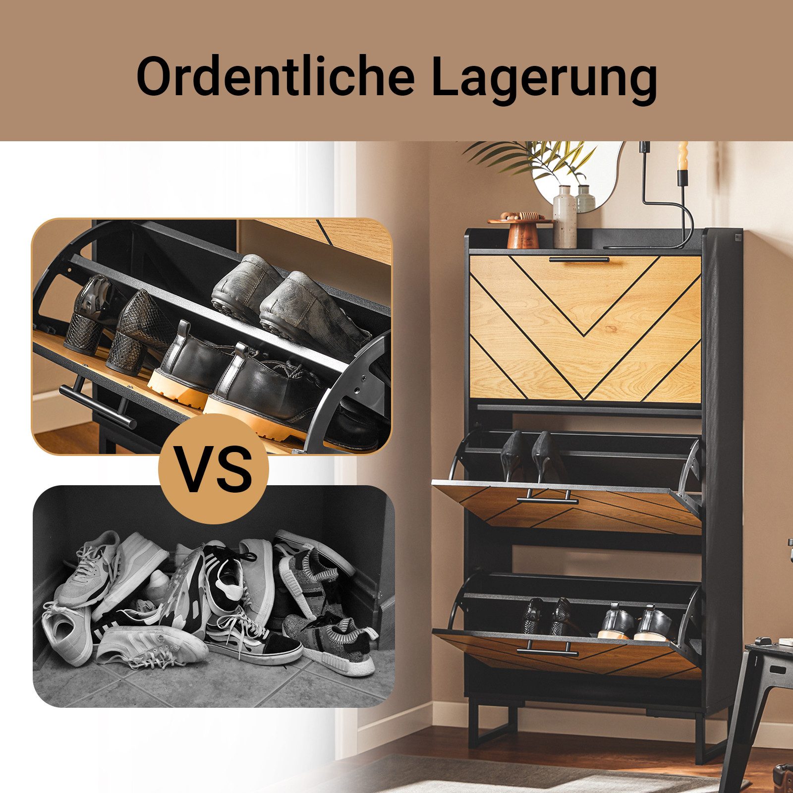 SoBuy Schuhkipper FSR164, Schuhschrank schmal, Schuhablage für 12-18 Paar Schuhe, Schuhschrank mit 3 Klappen Schuhregal Schuhkommode schmal