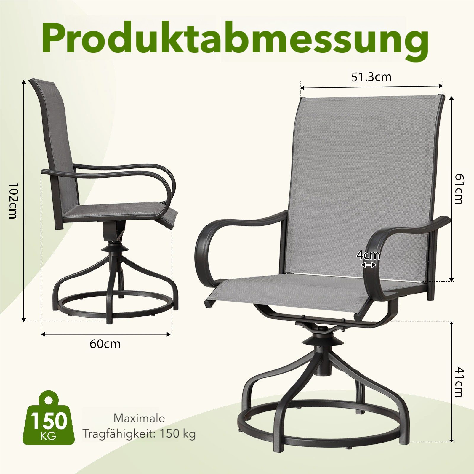 TLGREEN Gartenstuhl 360° drehbar, 2er Set Vollstahl-Teslin-Drehstuhl, (Wetterfeste Rostbeständig,bis 150 kg belastbar, 2 St), Für Terrasse Garten Balkon Bistrot – Bild 2 von 5