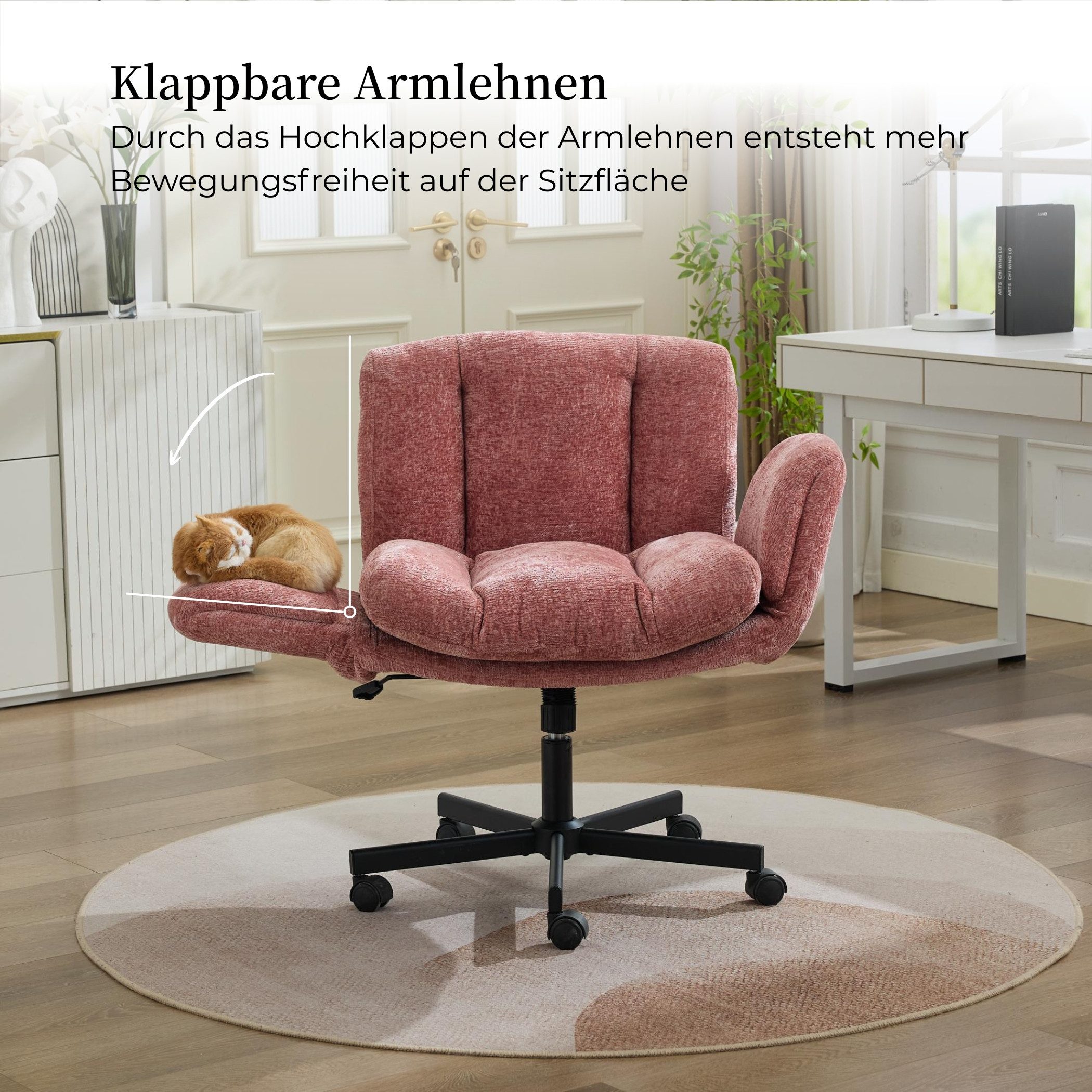 SeedWave Bürostuhl Drehbar Höhenverstellbarer Criss Cross Chair mit Klappbaren Armlehnen, Chenille Schneidersitz Schreibtischstuhl,extra Breite 61cm Sitzfläche