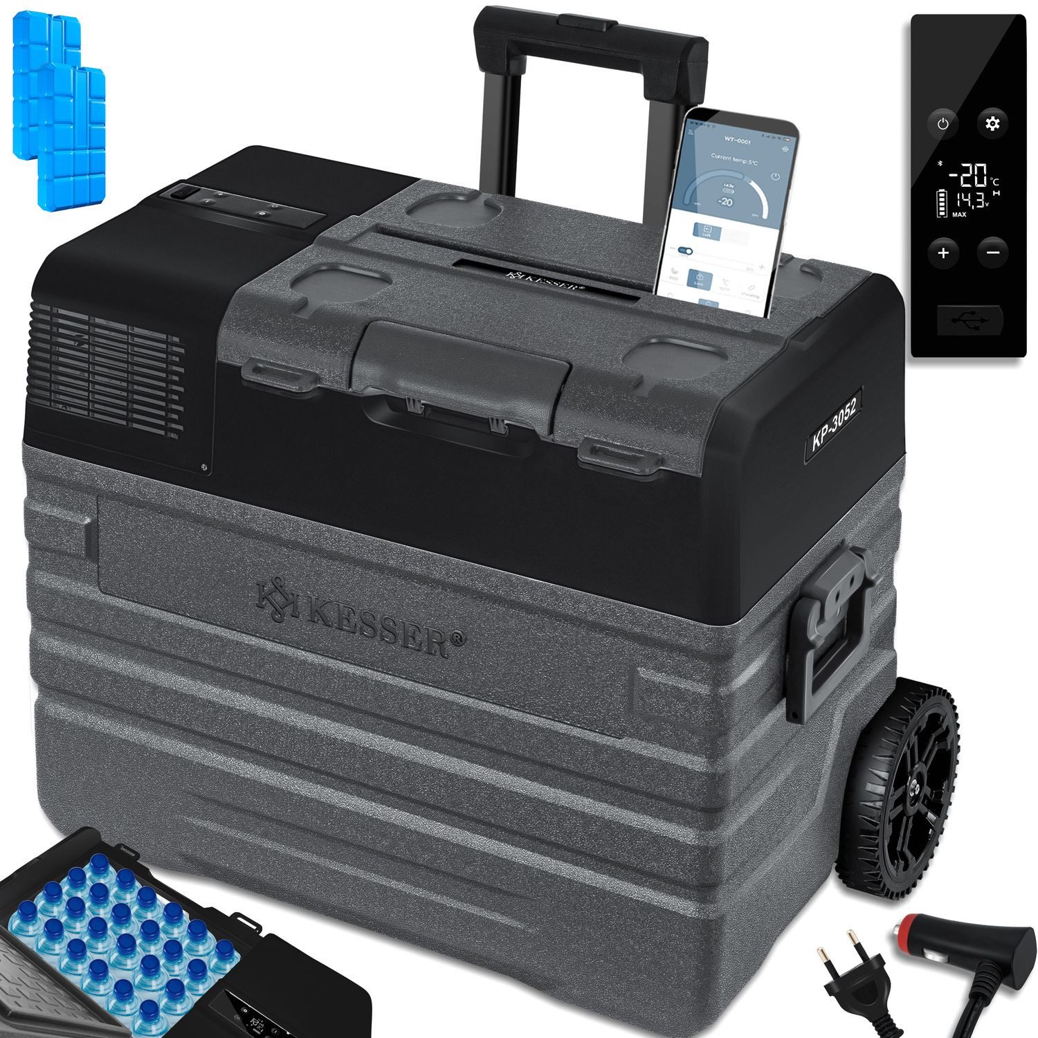 KESSER Kühlbox 12/24 V 230V, +Teleskopstange, 2x Kühlbox Räder Kühlschrank -20 °C, 52 l, Kompressor Kühlbox elektrisch Gefrierbox APP-Steuerung USB-Anschluss