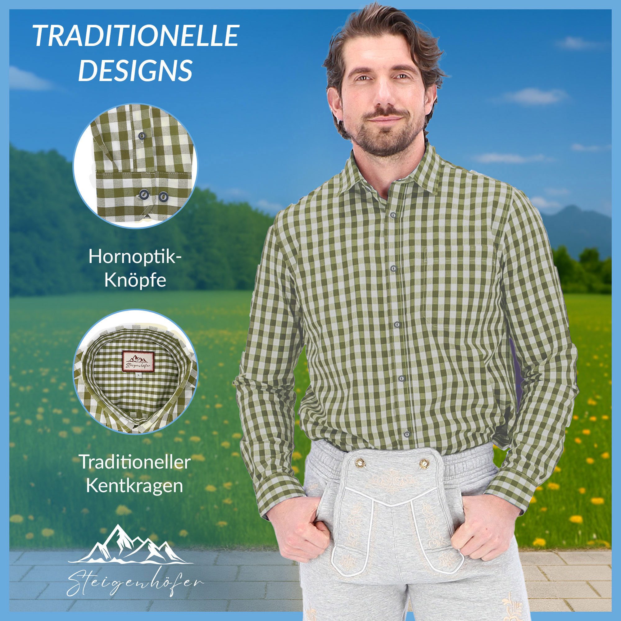 Steigenhöfer Manufaktur Trachtenhemd Herren Langarm - Basti - Traditionelles Herren Hemd - Hornoptik-Knöpfe Traditioneller Kentkragen und angenehmer Tragekomfor – Bild 4 von 5