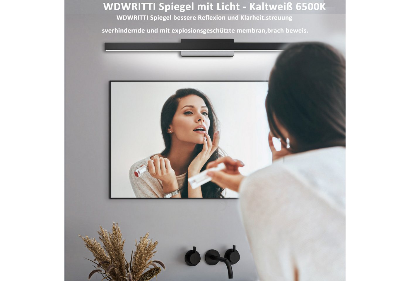 Thumbnail - WDWRITTI Badspiegel Eckig mit 60cm LED Spiegelleuchte Wandspiegel mit Licht Kaltweiß 6500K (Spiegel mit Alurahmen, 100x6...