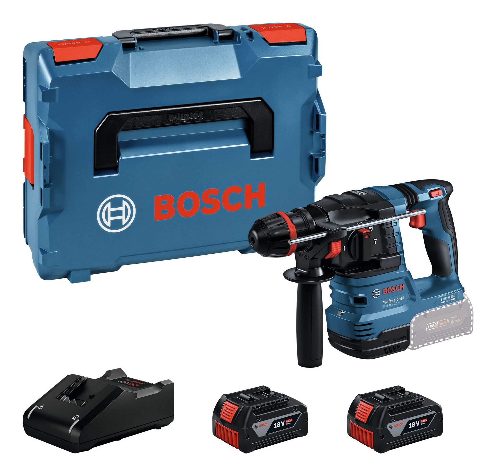 BOSCH Akku-Kombibohrhammer GBH 18V-22 X, 18 V, max. 1050 U/min, Bohrhammer mit ONECHUCK mit 2x Akku 4 Ah - in L-BOXX 136