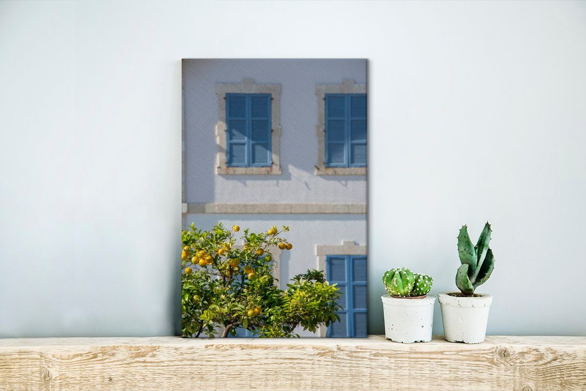 OneMillionCanvasses® Leinwandbild Ein Zitronenbaum vor Zackenaufhänger, Gemälde, bespannt Haus einem mit Leinwandbild (1 inkl. fertig St), blauen Fensterläden, cm 20x30
