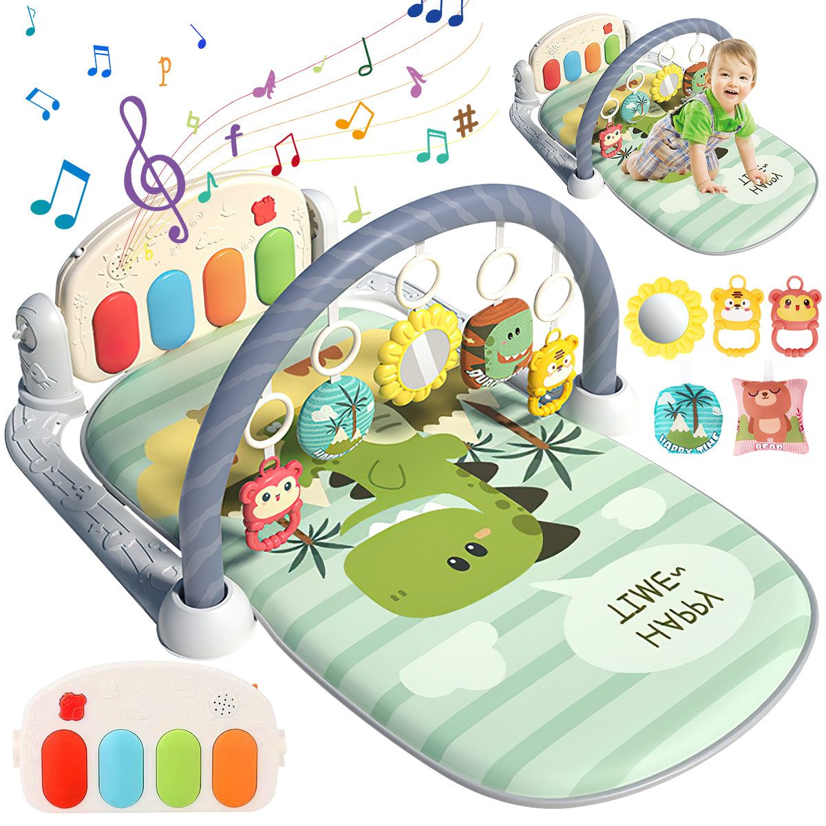 Krabbeldecke Spielmatte mit Spielbogen Baby Lernmatte Spieldecke Erlebnisdecke, MOPUEA, mit Klavier, Licht, Musik, Spiegel Lernspielzeug Waschbar