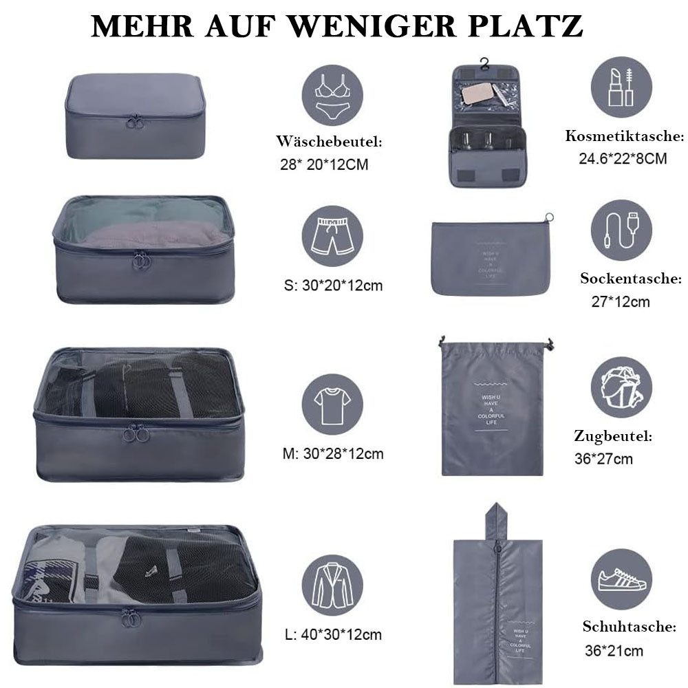 TUWENA Kofferorganizer Koffer Organizer Set 8-teiliges, Packing Cubes, Reise Kleidertaschen, Reise Essentials Organizer - Kosmetiktasche, Kleidertasche Schuhbeutel