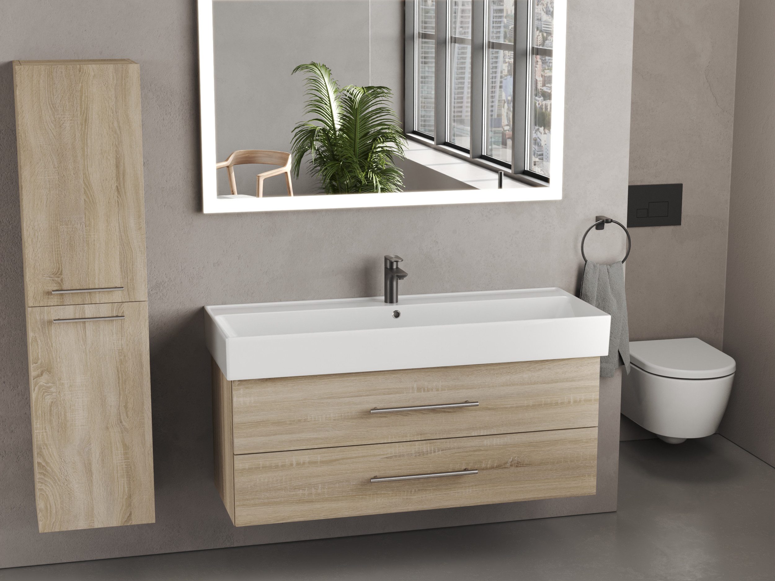 Aqua Bagno Badmöbel-Set Aqua Bagno Flex Badmöbel 120 cm Eiche Gold mit Keramikwaschbecken, (vormontiert, 2-St., Badmöbelschrank melaminbeschichtet, Keramikwaschbecken), einfache Montage, Skandi
