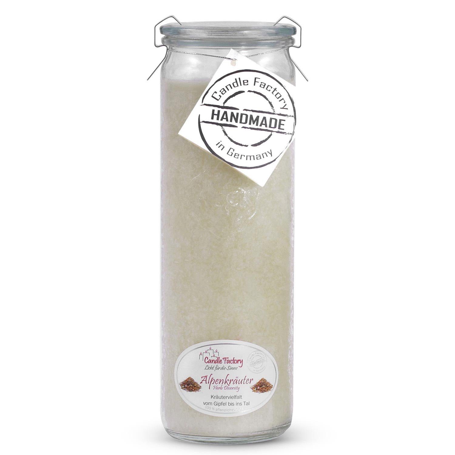 Landshop24 Duftkerze Candle-Factory Duftkerze aus Stearin im Weckglas Big Jumbo (Duft "Alpenkräuter), brennt bis zu 100h