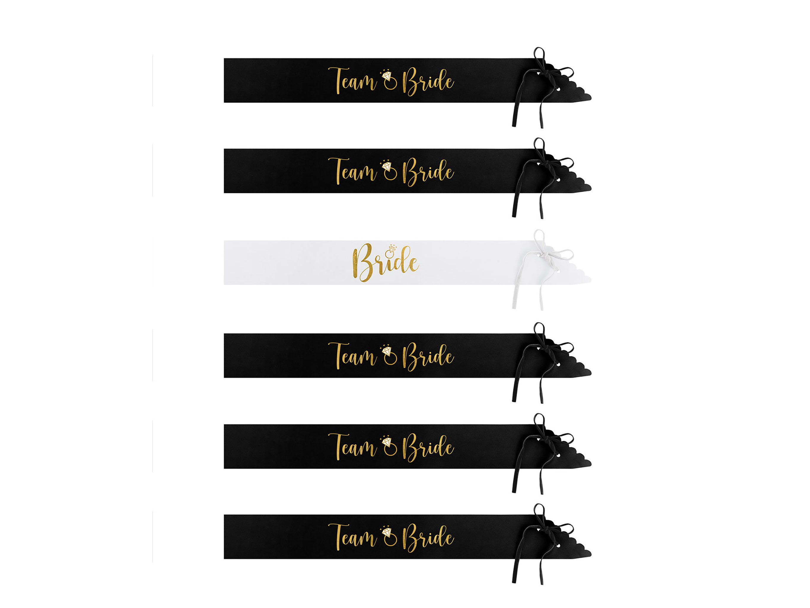 partydeco Kostüm, Schärpe für JGA Bride / Team Bride 6er Set Schwarz / Weiß / Gold